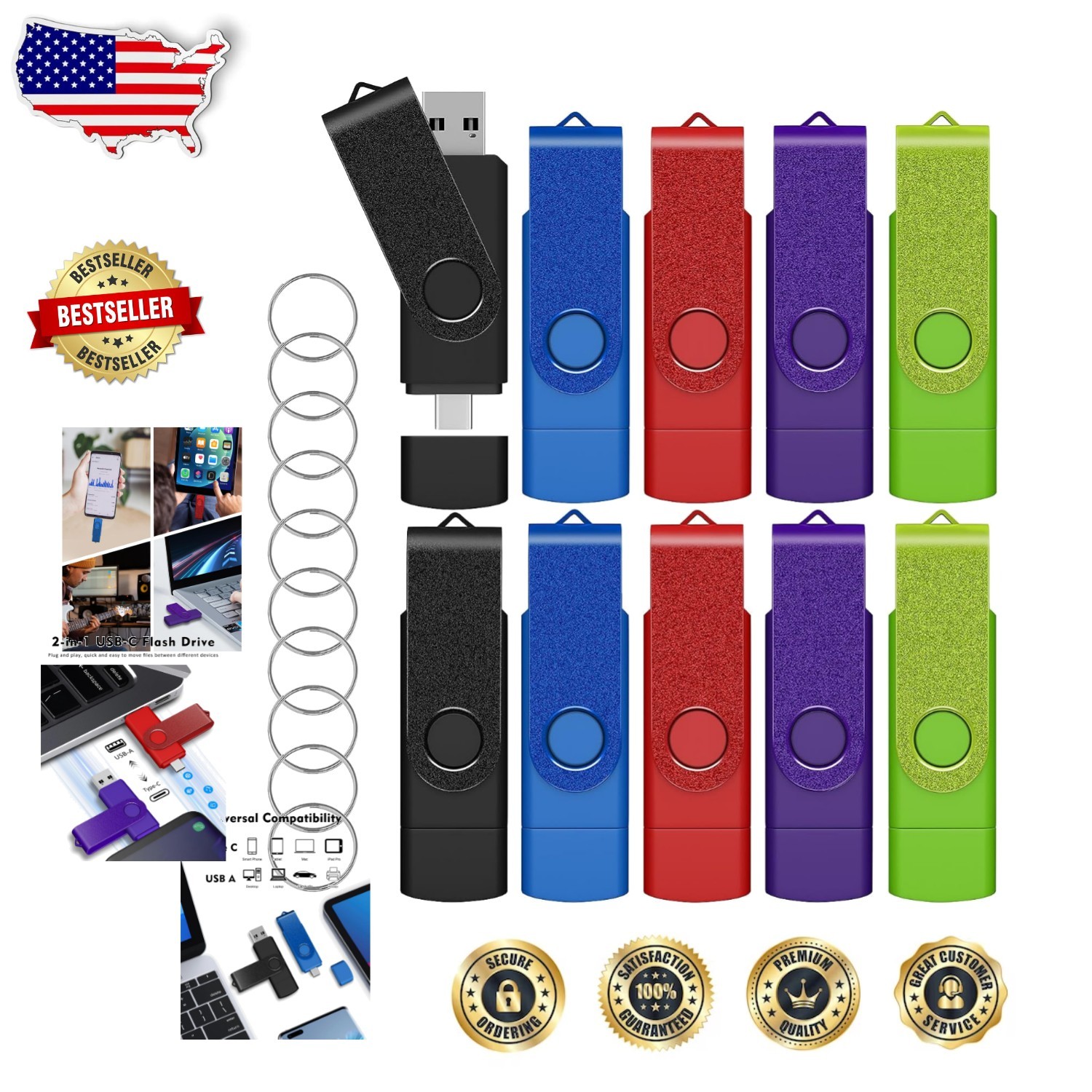 Bulk 64GB USB C Flash Drive, 10 Count 2-in-1 Type-C/USB-A Portable Memory Stick