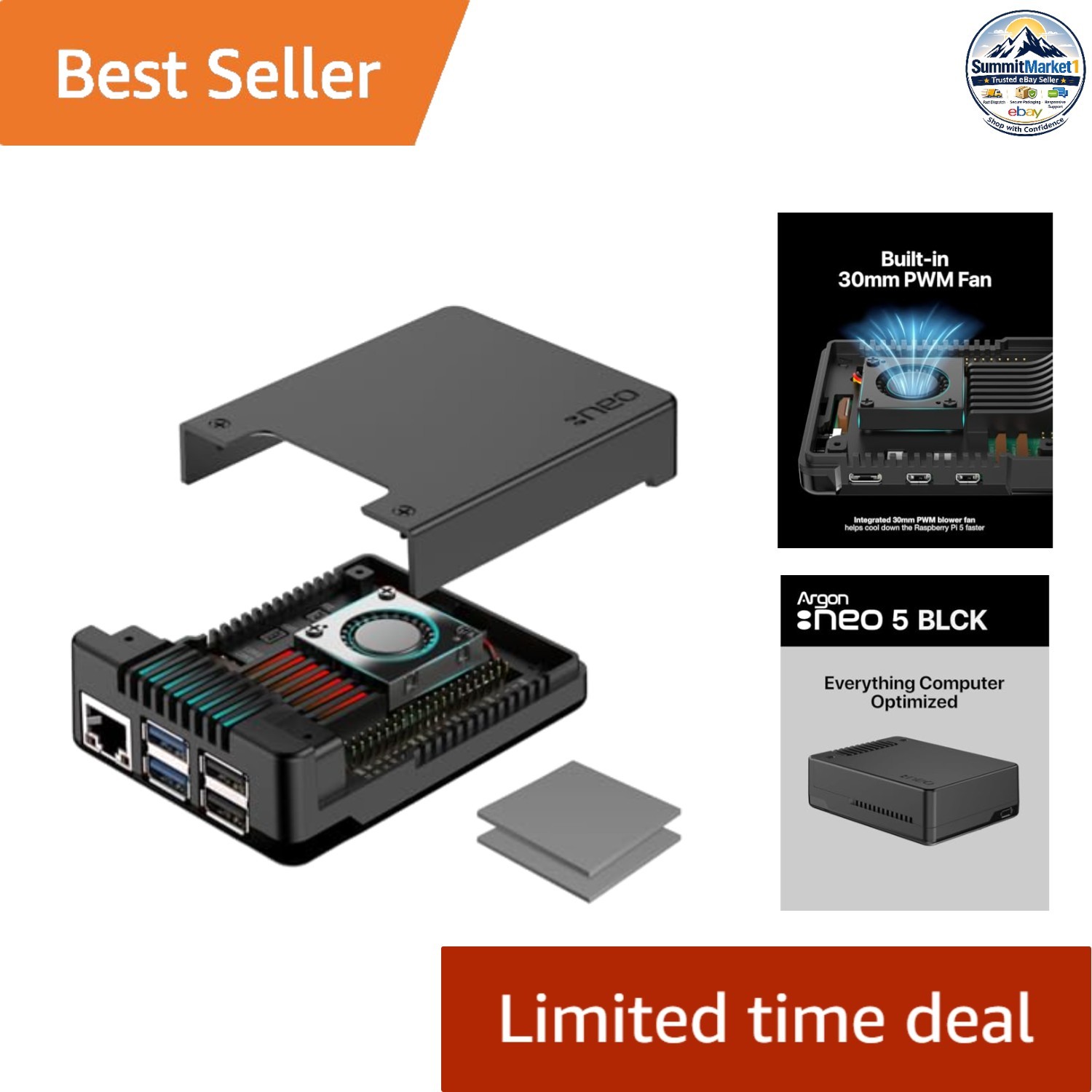 Aluminum Case For Raspberry Pi 5 Black-Black Built-In 30mm PWM Fan