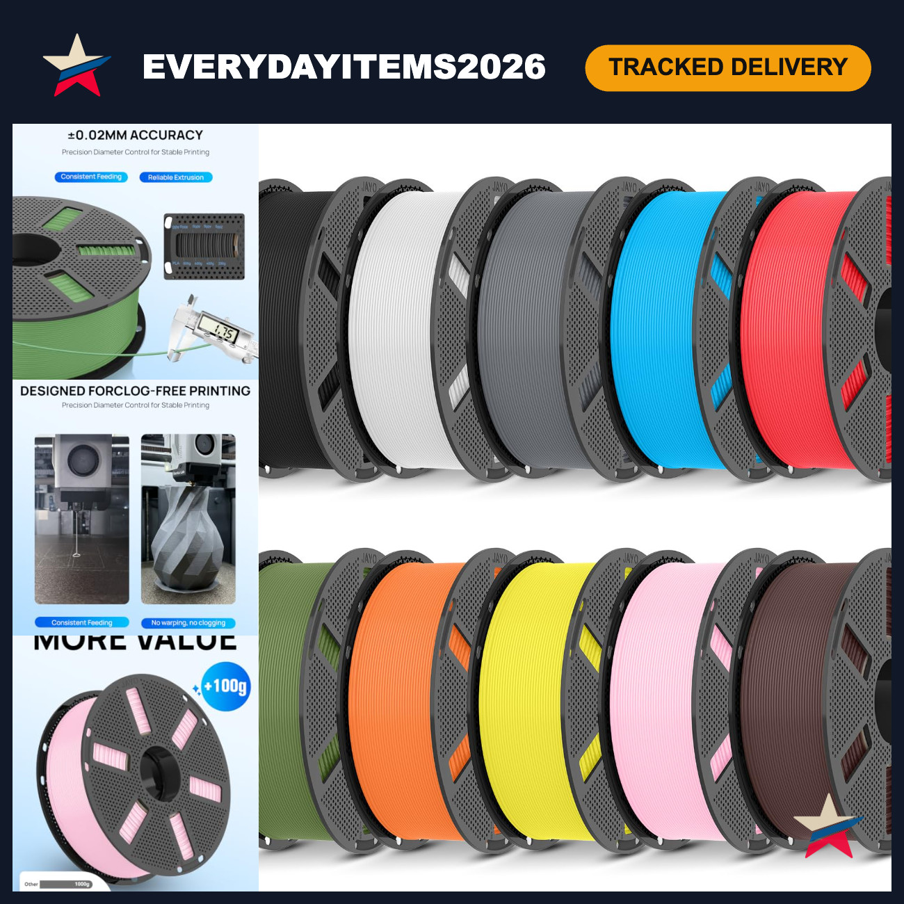 PLA 3D Printer Filament 1.75mm Bundle, 1.1kg, 10-Pack - High Quality, Vibrant Co