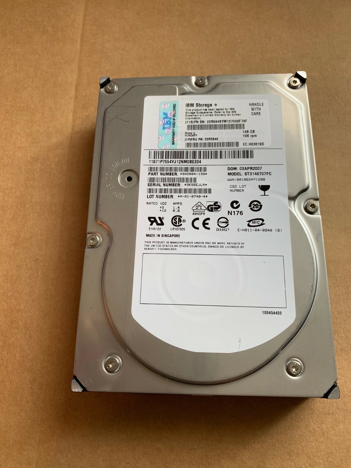 IBM TOTAL STORAGE 146GB 10K FC  DISK DRIVE  22R5946 / 71P7754 / ST3146707FC