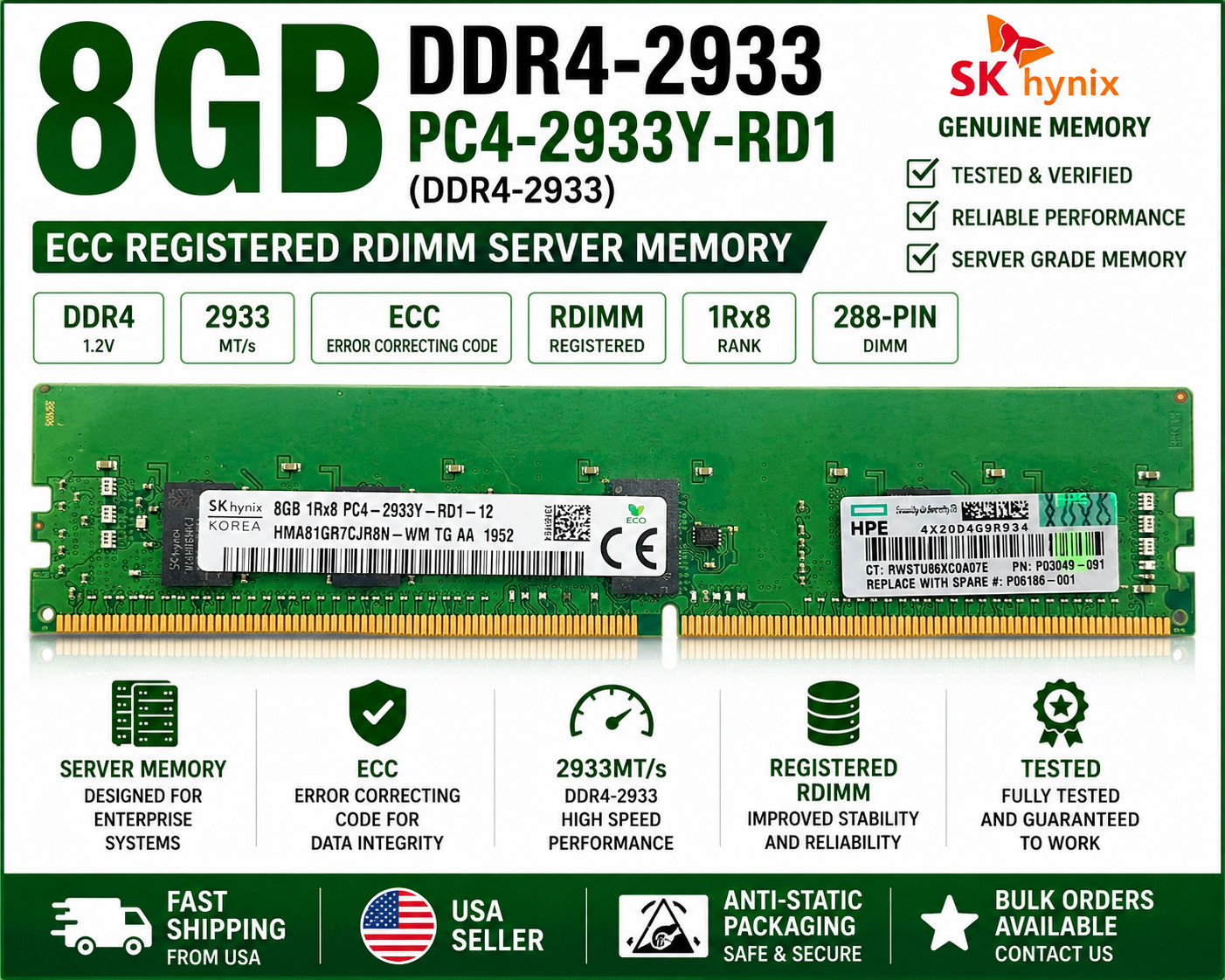 Hynix 8GB DDR4-2933 PC4-2933Y-RD1 ECC RDIMM Server RAM