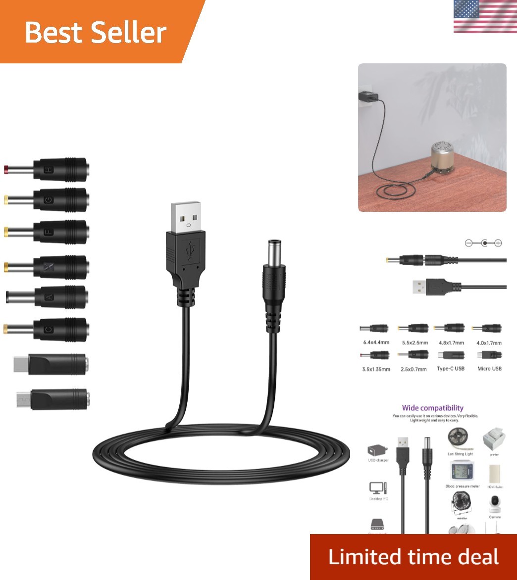 Versatile USB to DC 5V Power Cord - 5FT Length with 8 Adapters for Household Use