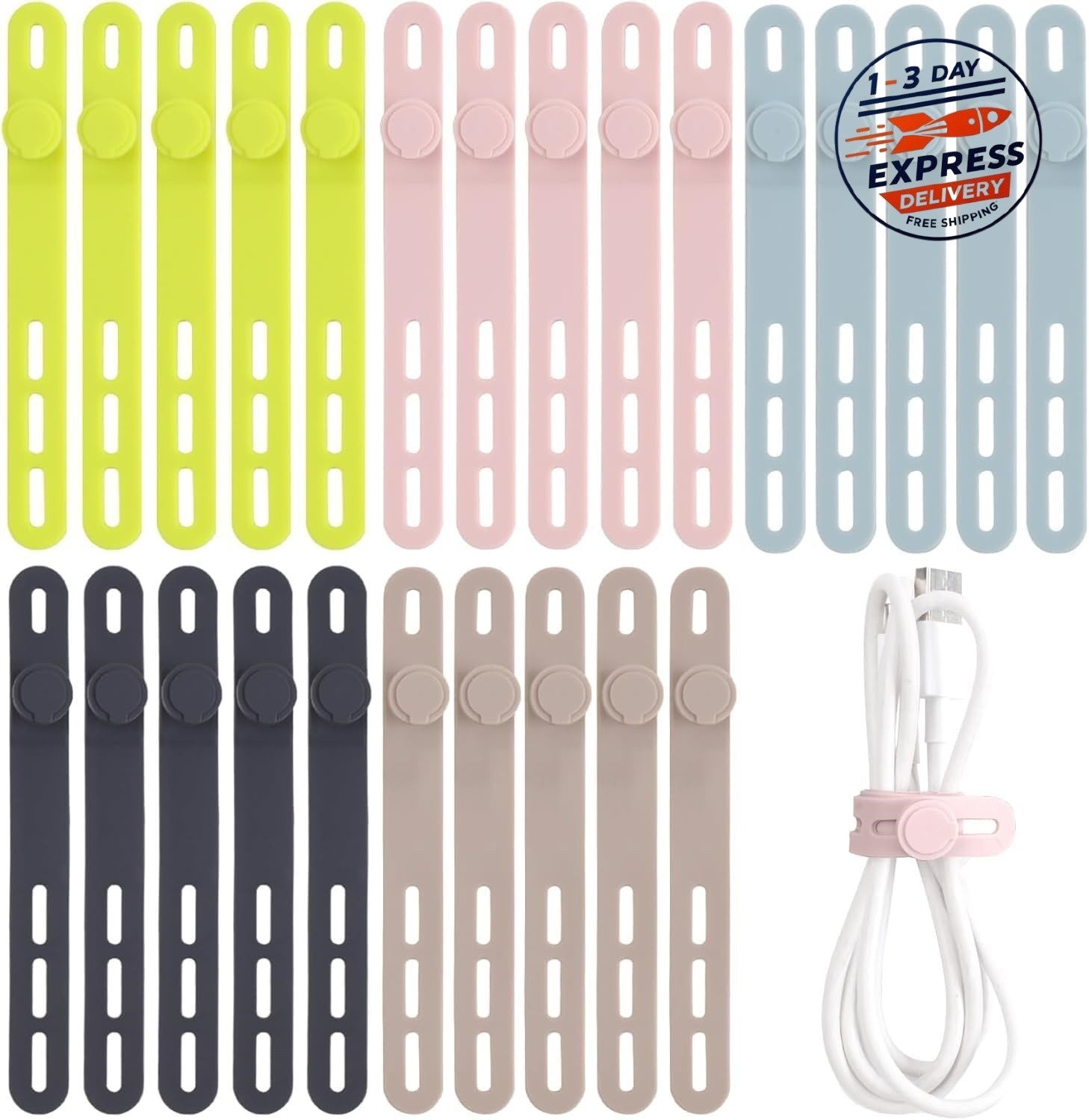25 bridas de silicona reutilizables para cables, de alta elasticidad (coloridas)