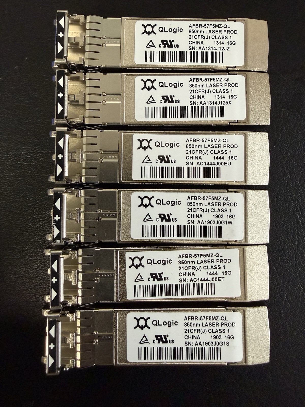 Lot of 6 QLogic AFBR-57F5MZ-QL 16G Fibre Channel SFP+ 850nm Transceivers