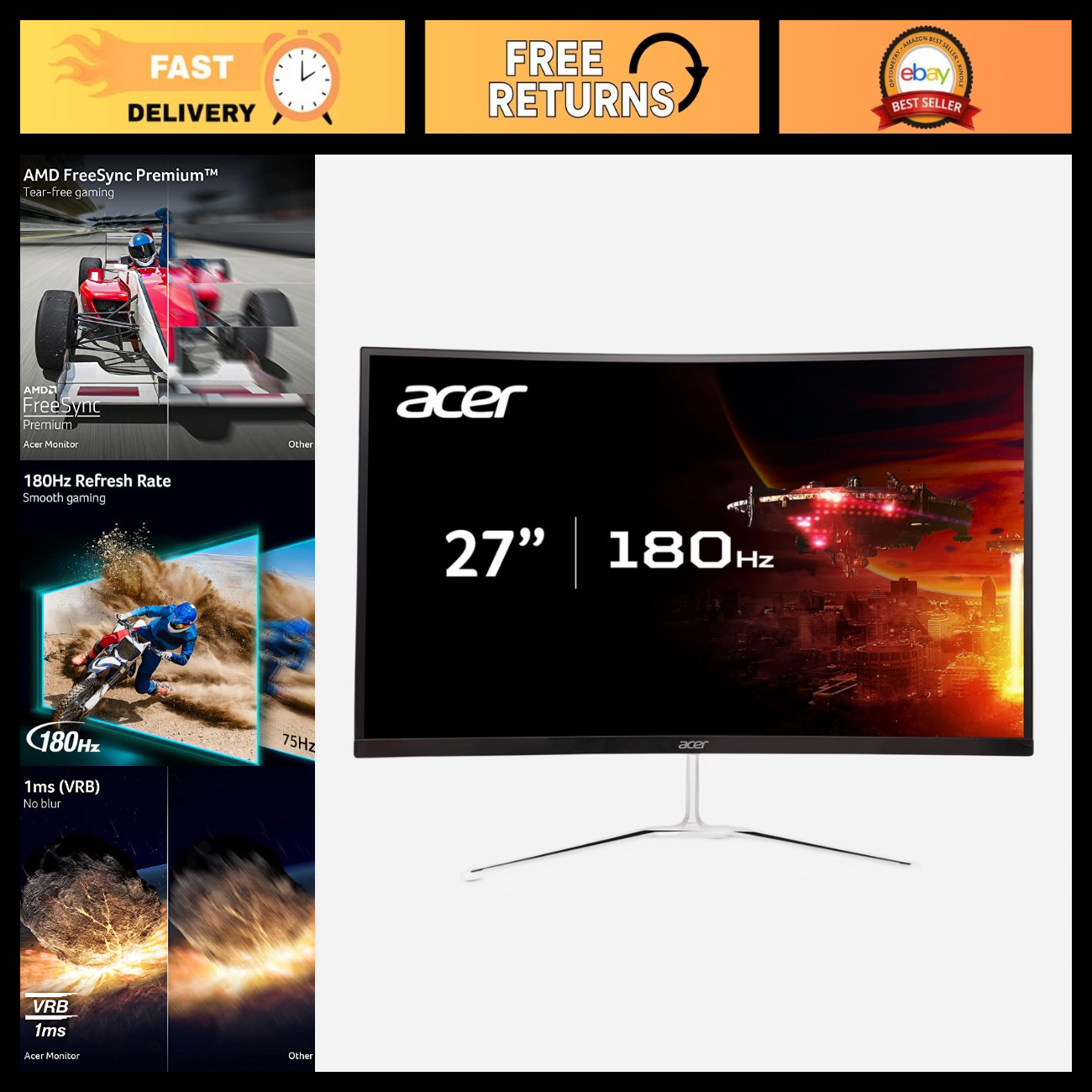 27" QHD Curved Gaming Monitor 2560x1440 180Hz - Ultra-Fast Refresh Rate, Immersi