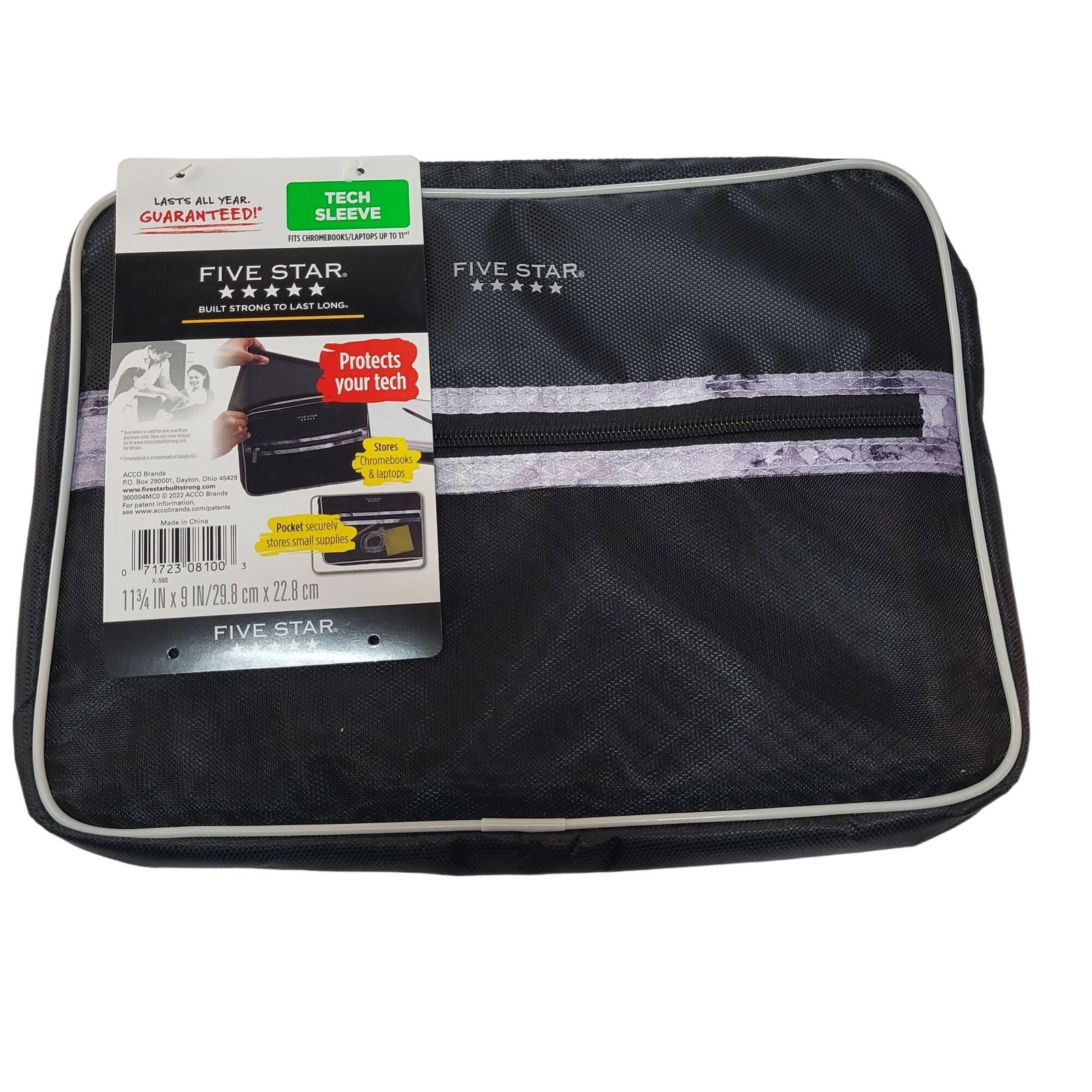 Mead Five Star Tech Sleeve Chromebook & Laptop Storage 11" Zip Close Black Grey