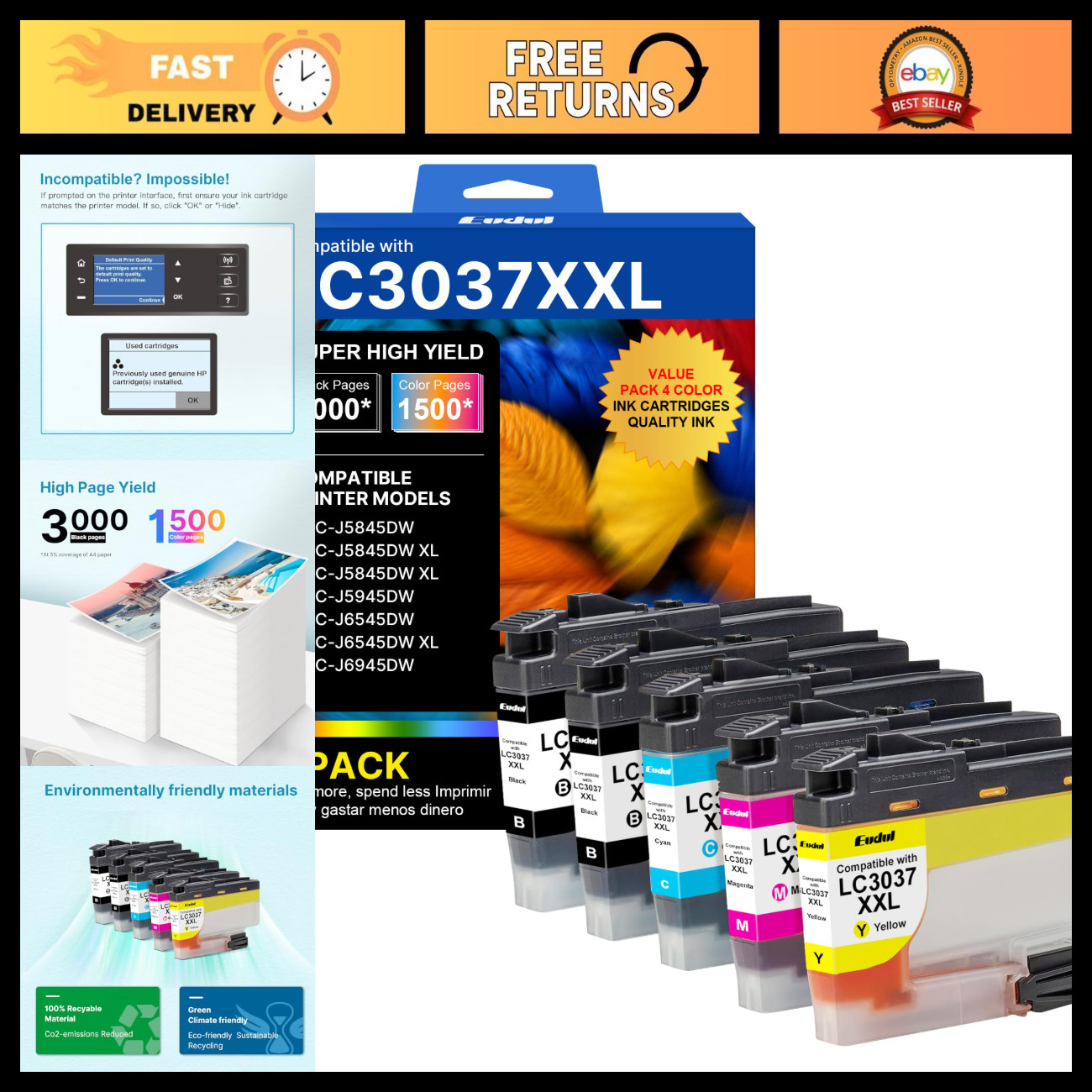 High-Quality Ink Cartridges for Brother LC3037 - BK/C/M/Y Compatible Set