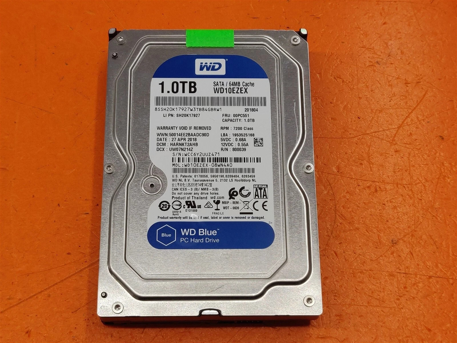 HDD Hard Drive SATA Desktop 3.5" WD Blue WD10EZEX-08WN4A0 1TB