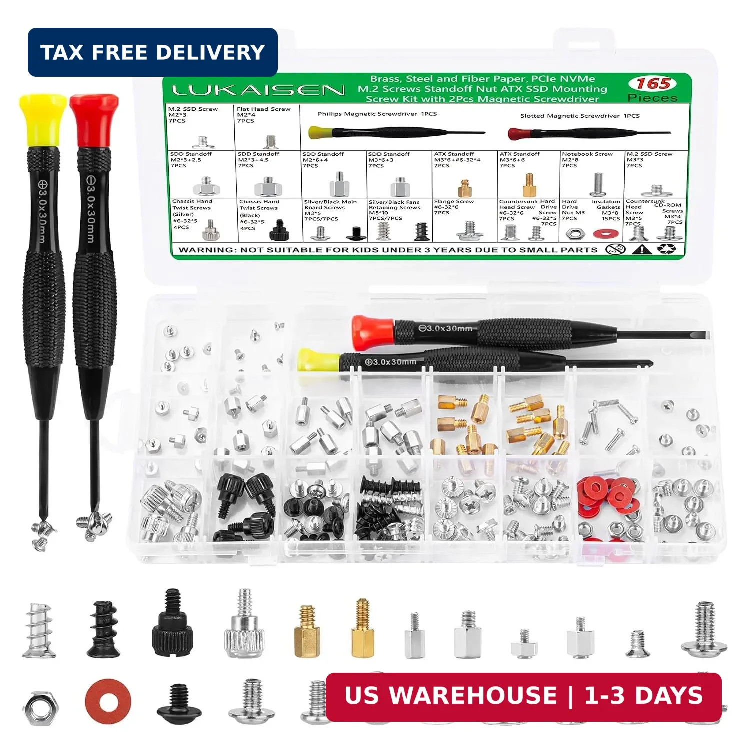 165PCS Computer Screw Kit, M.2 NVMe SSD Mounting Screws & Standoffs, Black/Silve