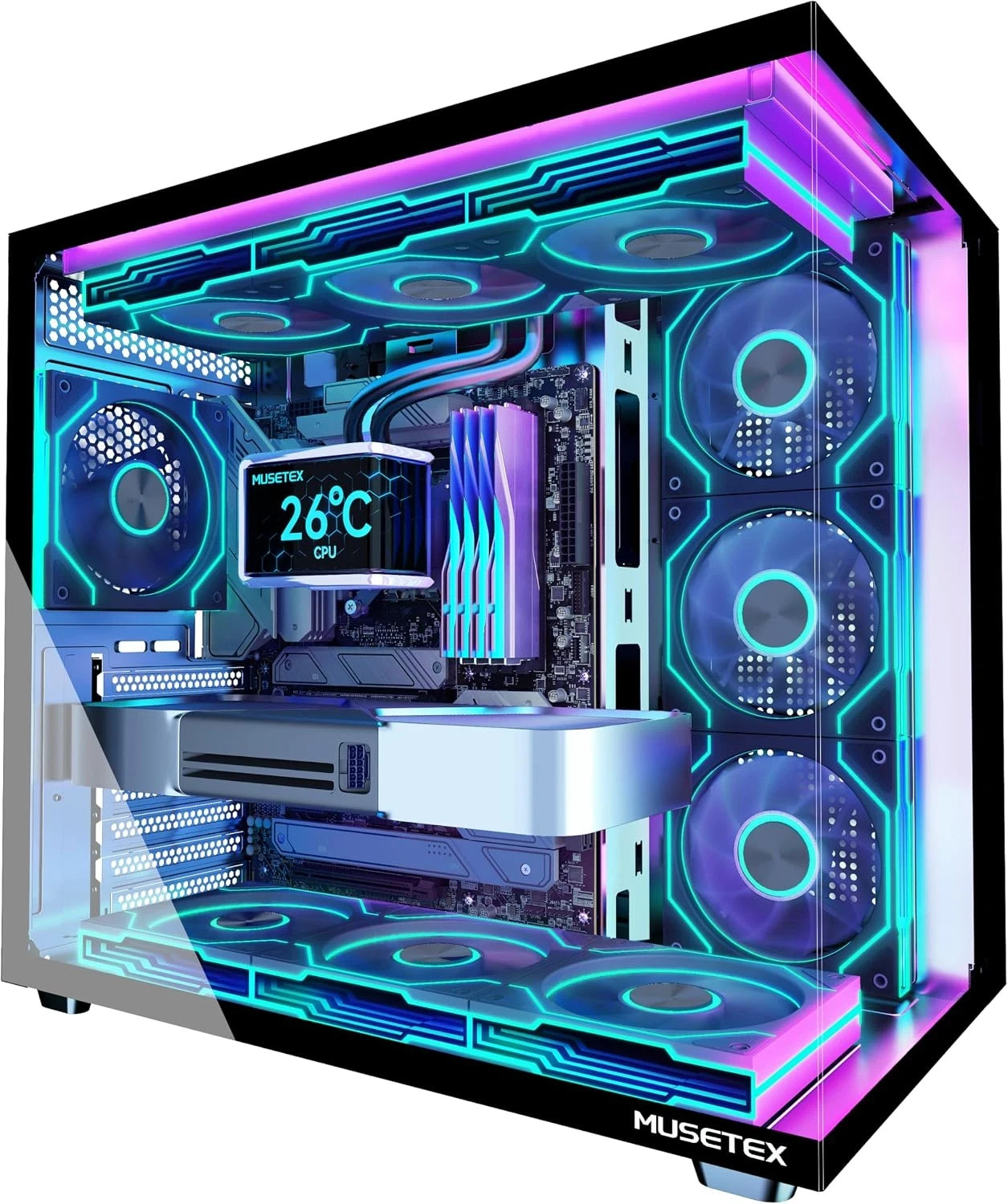 MUSETEX Y6 PC Case, Pre-Installed 7 Infinity Mirror PWM ARGB Fans, ATX Mid Tower
