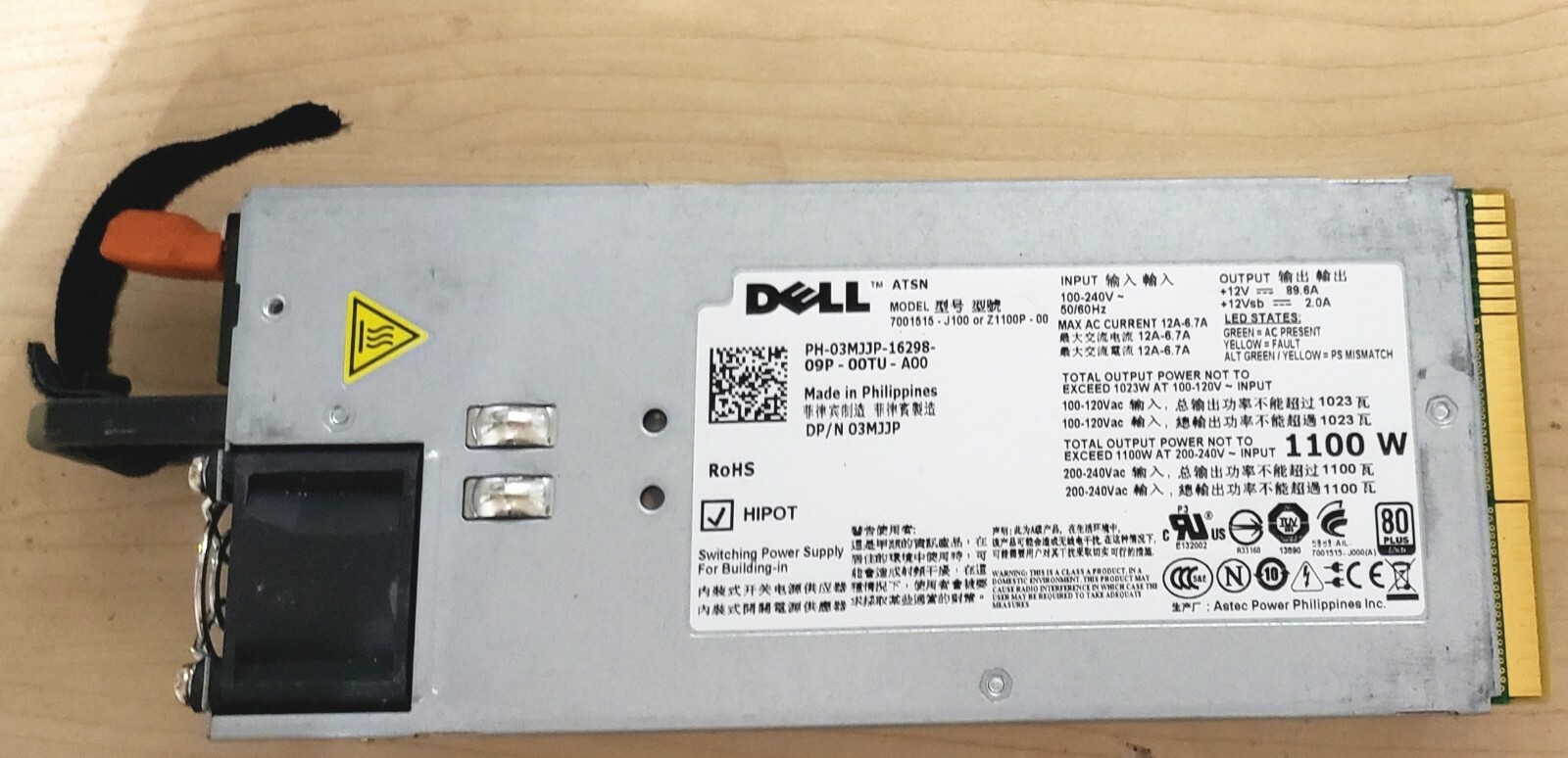 Dell 03MJJP Power Supply 1100 Watt PowerEdge Powervault 7001515-J100 Z1100P - 00
