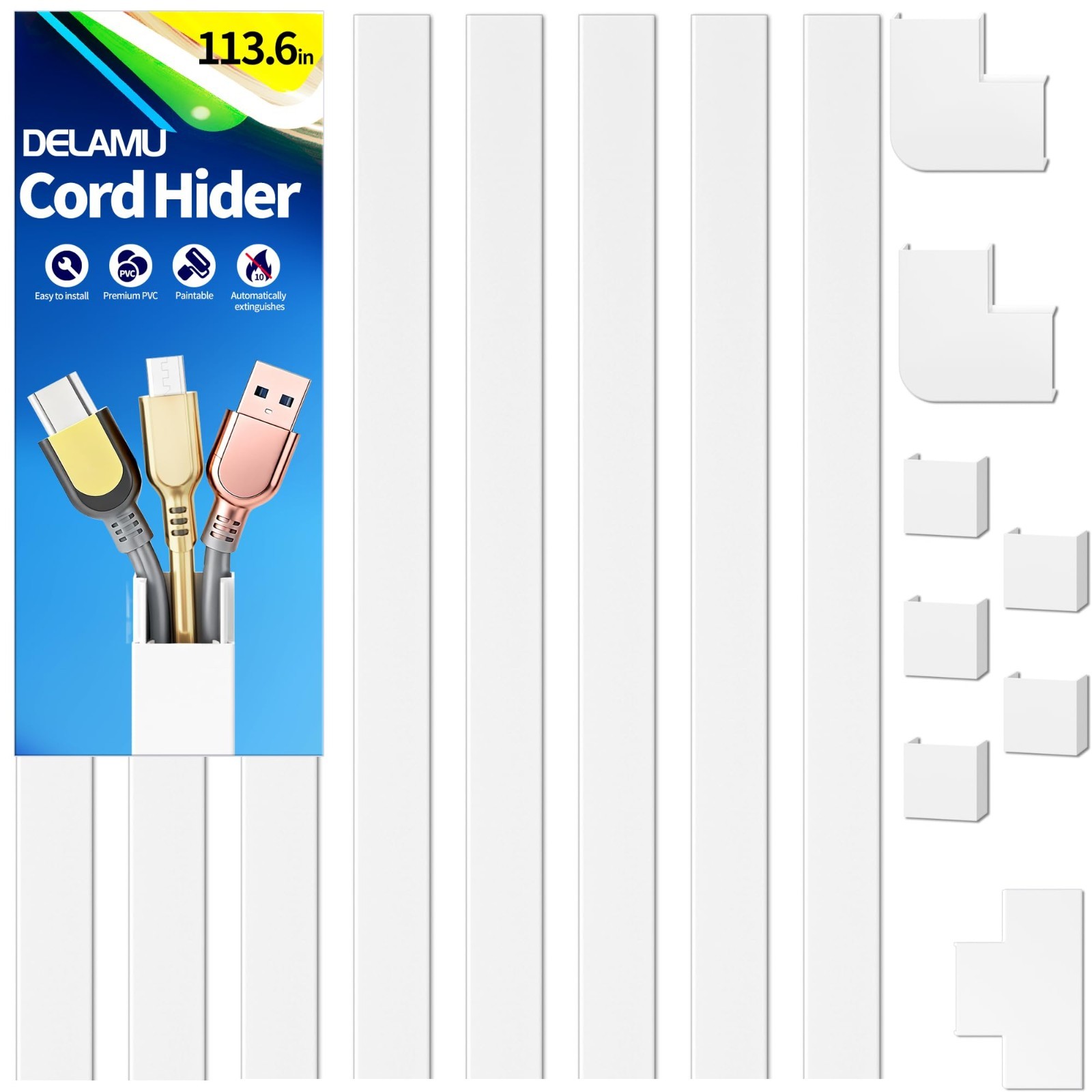 Paintable Cord Hider 113.6in - Wall Wire Cover, Cable Management Solution, White