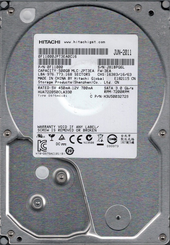 Hitachi HUA722050CLA330 P/N: 0F11000 MLC: JPT3EA China 500GB