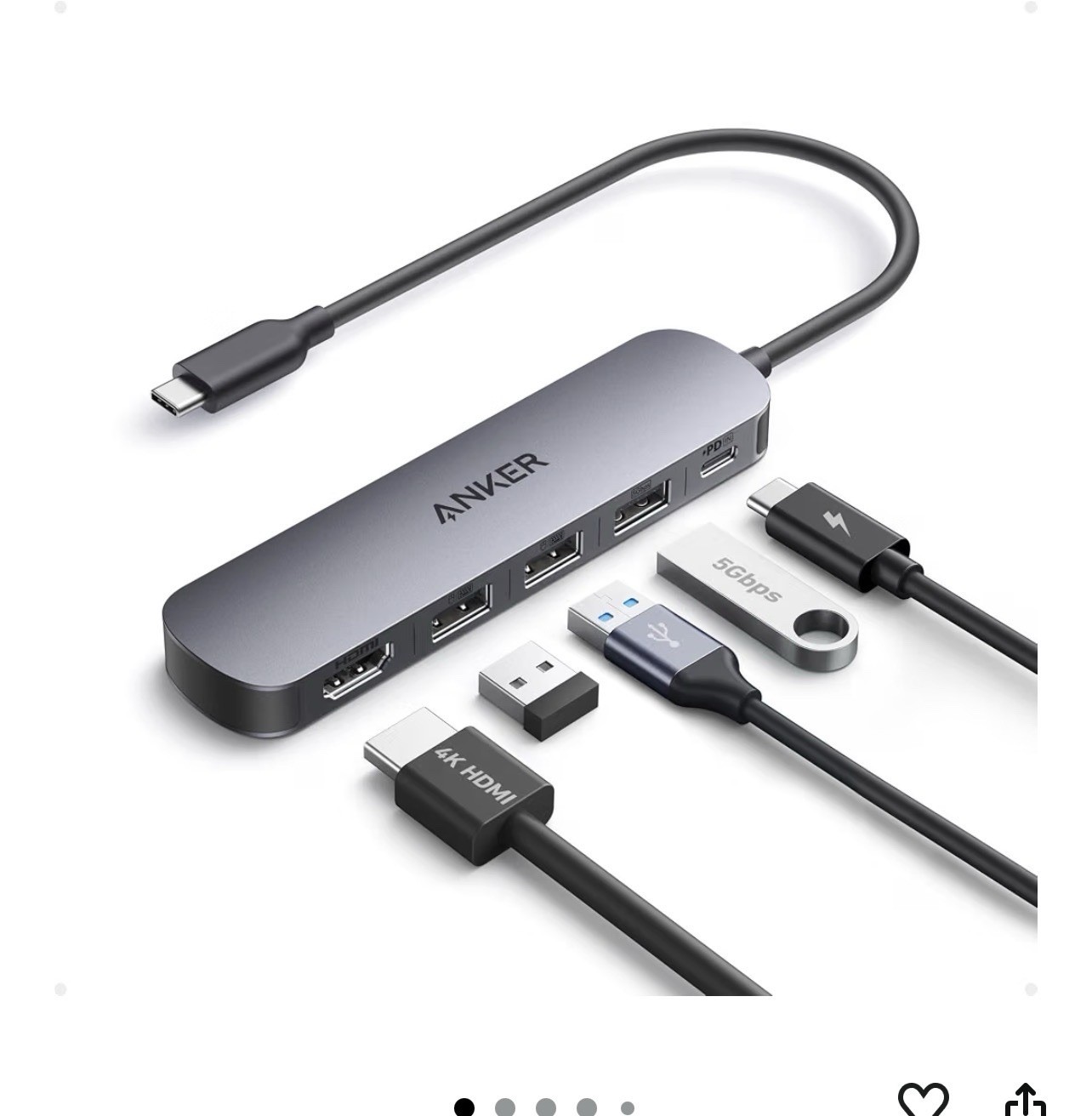 Anker USB-C Hub, 5-in-1 USB Hub for Laptops, 4K HDMI Multiport Adapter Gray