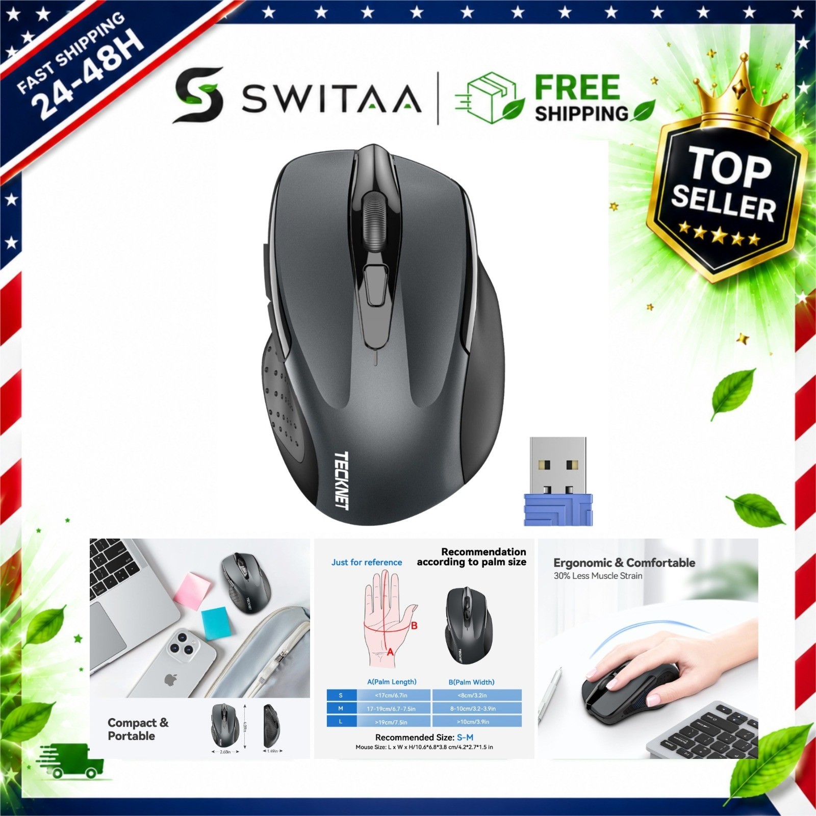 TECKNET Wireless Mouse 2.4G Ergonomic Optical 2600 DPI Grey USB