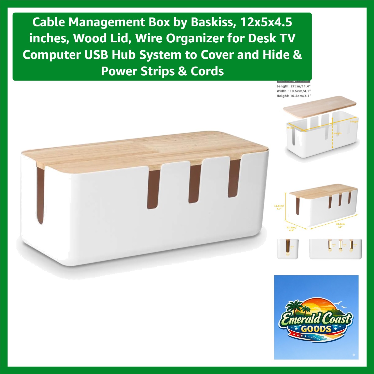 Elegant Wooden Cable Management Box - 12x5x4.5 inches, Organize Cords with Style