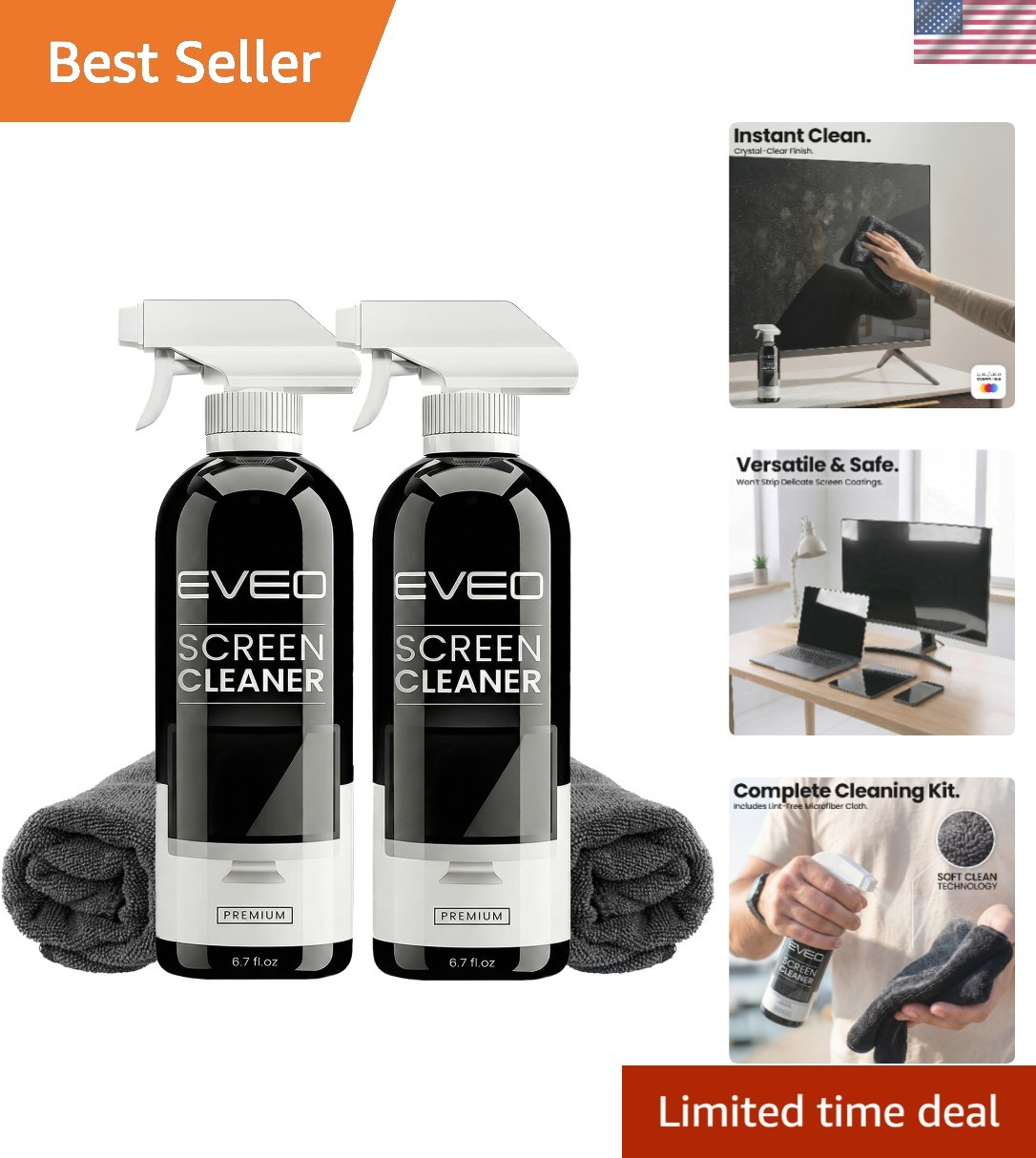 2-Pack Screen Cleaner Spray with Microfiber Cloth - For TVs and Laptops
