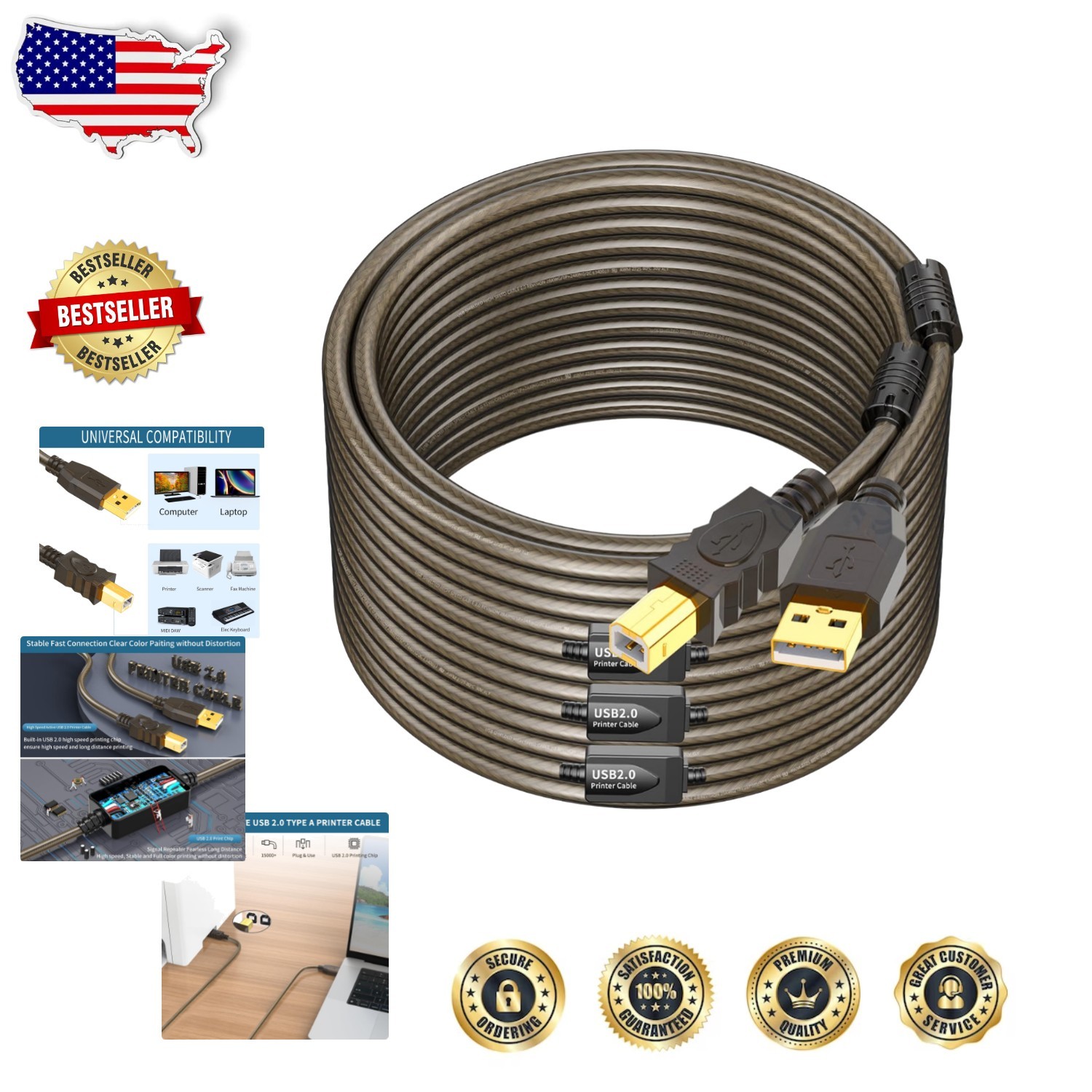 Heavy Duty 100ft USB 2.0 Printer Cord - Tangle-Free Nylon, Wide Comp.