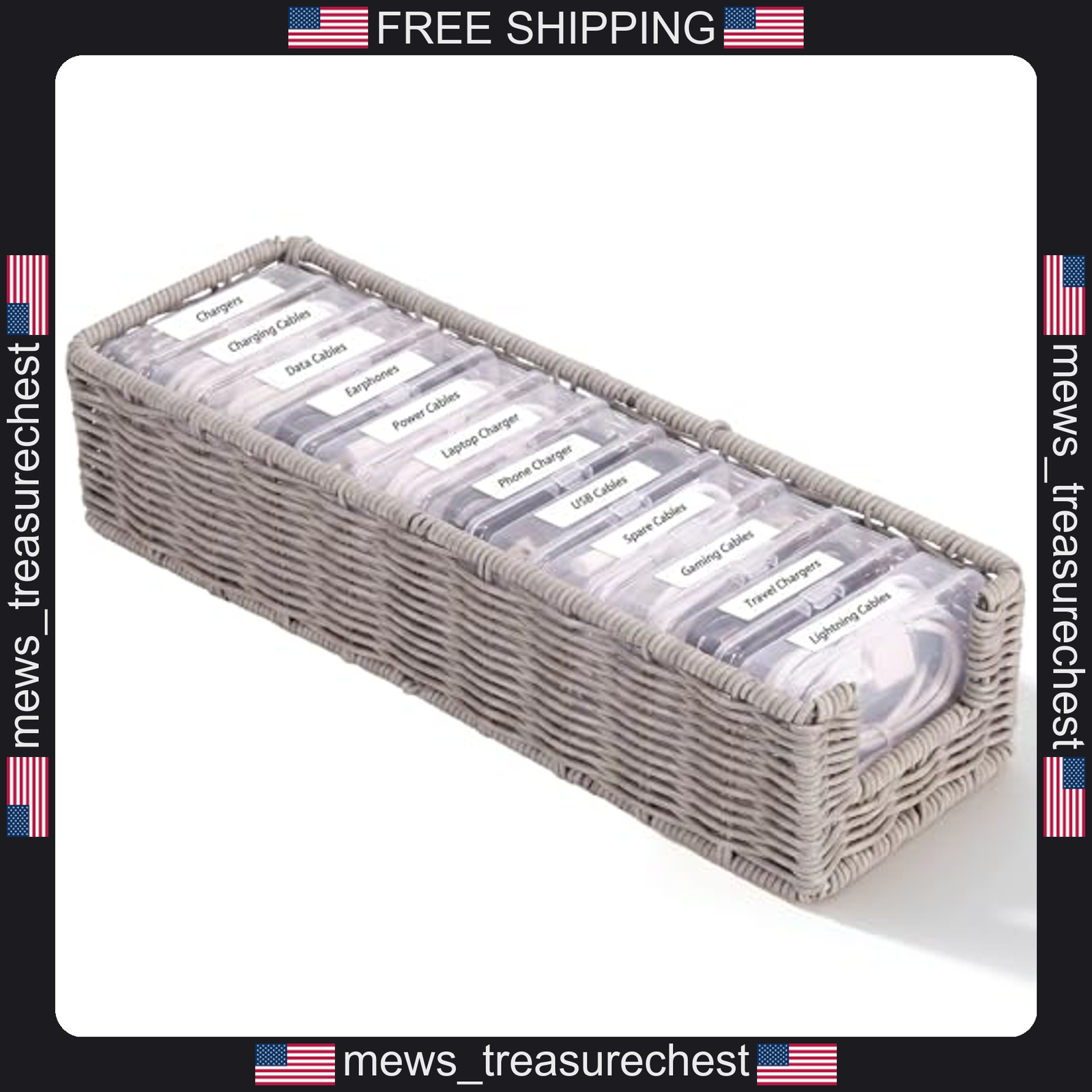 Rattan Cable Organizer Set with 13.5 Inch Box and 12 Small Containers