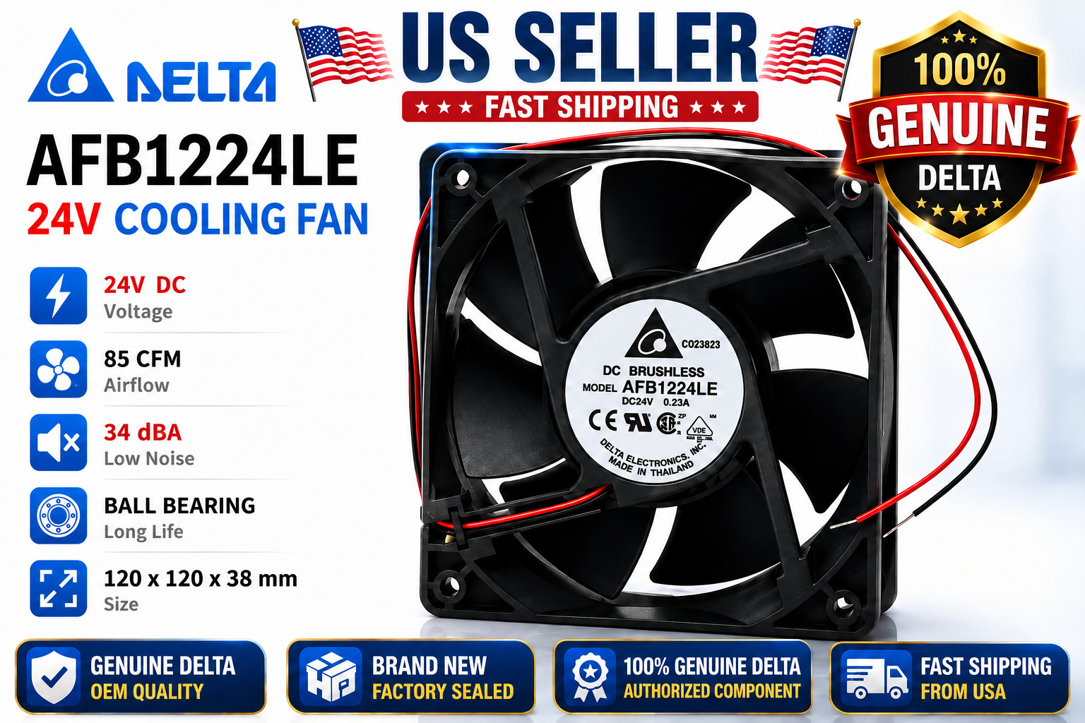 Delta AFB1224LE 24V 120x120x38mm Ball Bearing Cooling Fan 120mm 85CFM Low Noise