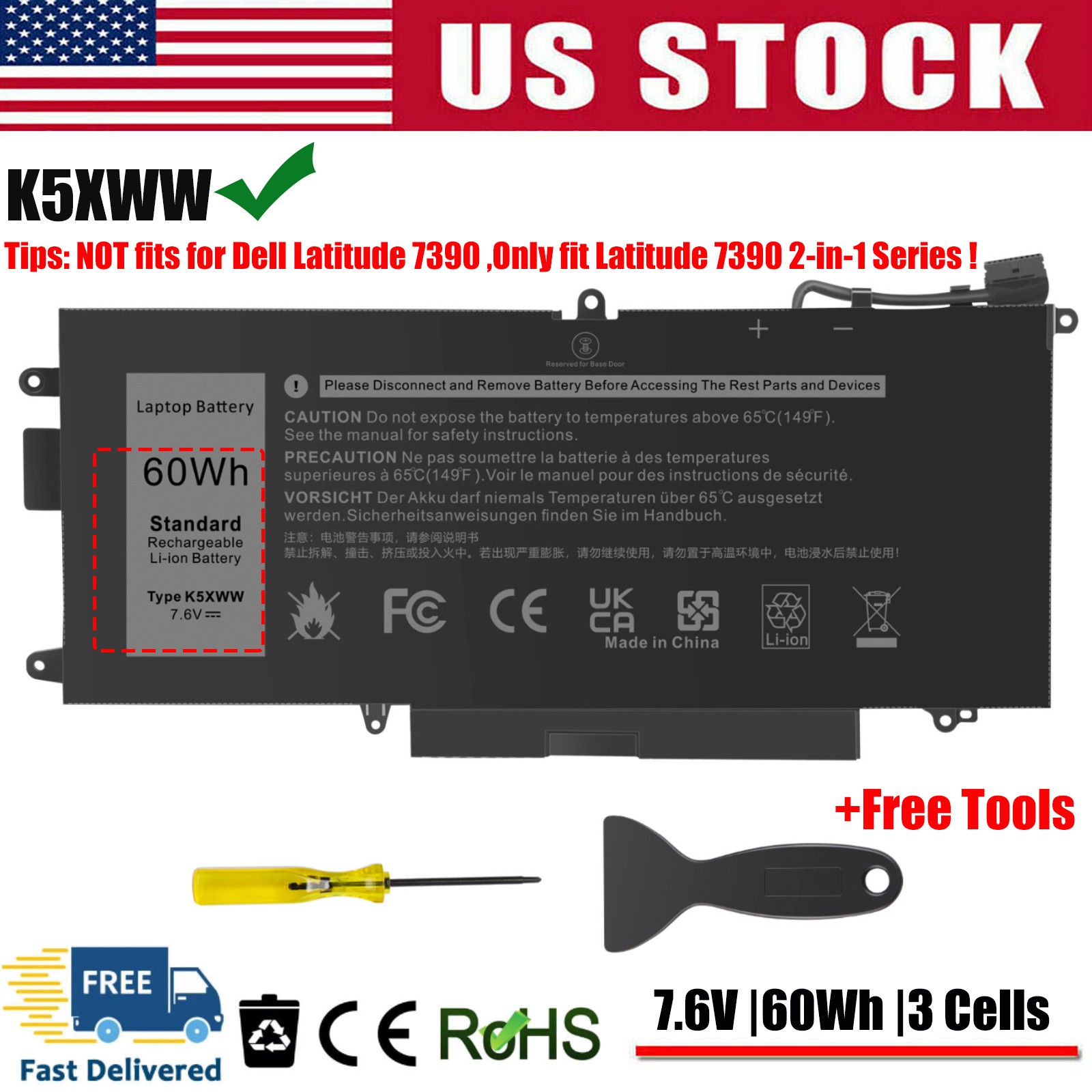 Replace K5XWW 71TG4 Battery for Dell Latitude 5289 7389 7390 2-in-1 Series 60Wh