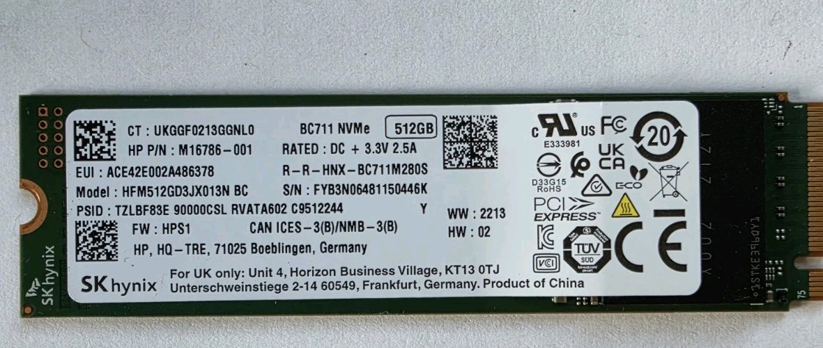 SK Hynix 512GB M.2 2280 BC711 NVMe M.2 NVMe Gen 3.0 x 4 100% Health