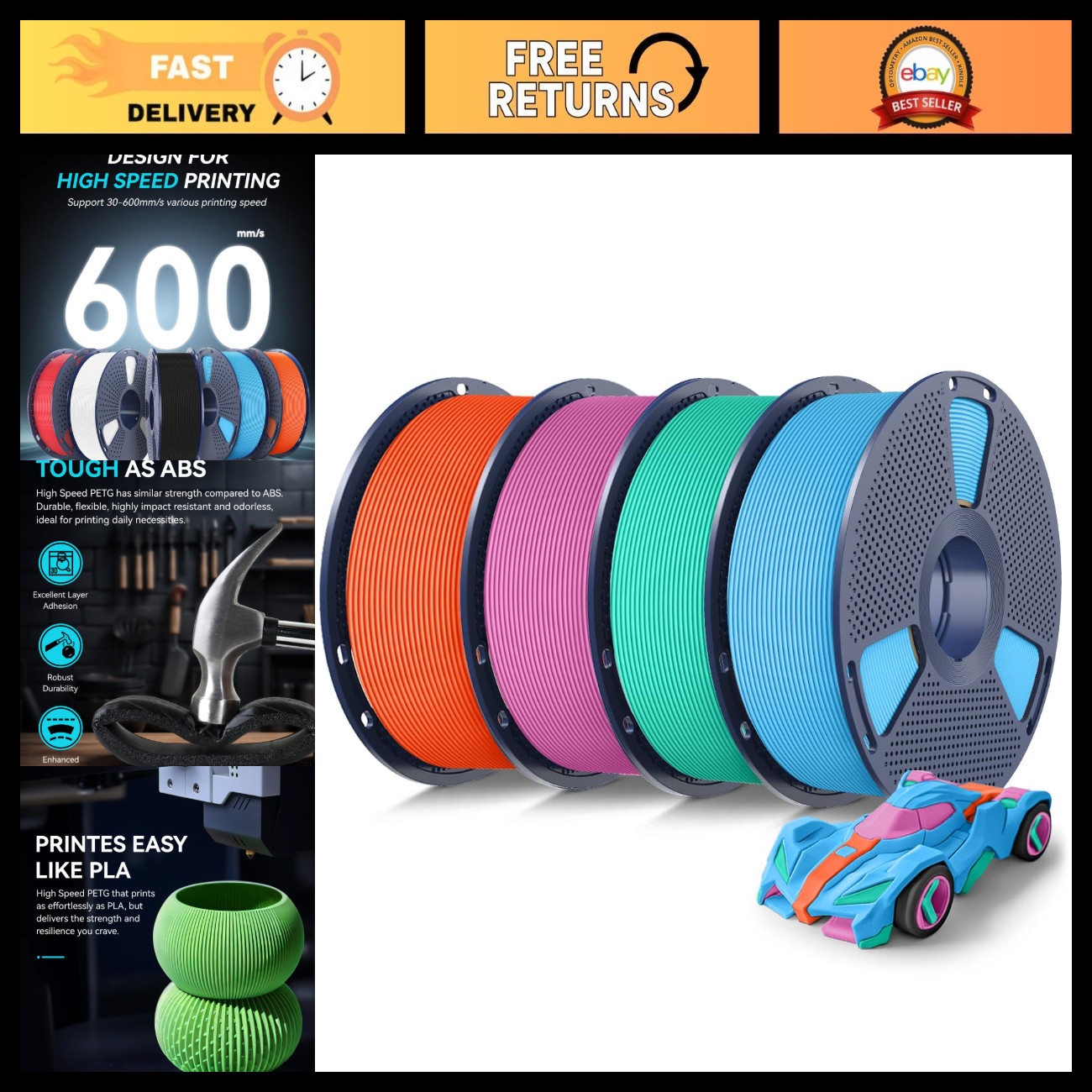 High-Speed 1.75mm PETG Filament 4KG - Sky Blue, Mint Green, Pink, Orange - 3D Pr