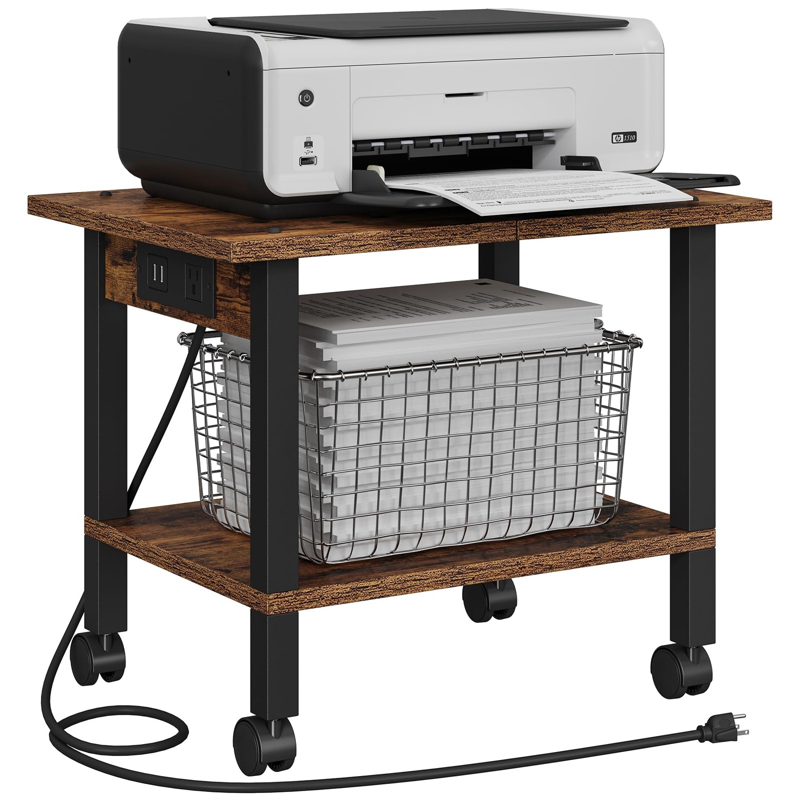 2Tier Rolling Printer Stand Cart Power Outlets USB Ports Wheels Brown 1 PCS