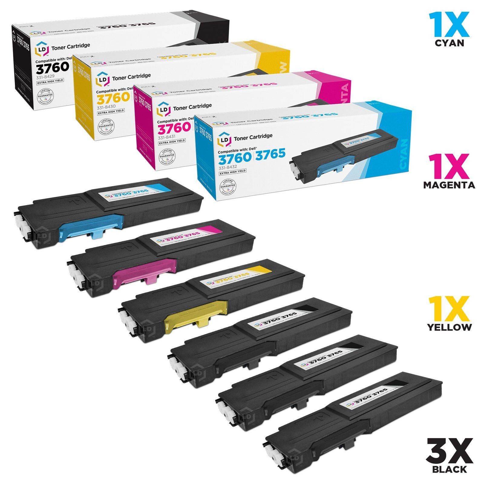 LD 6pk Comp Toner for Dell C3760 C3765 Black Cyan Magenta Yellow C3760dn C3765