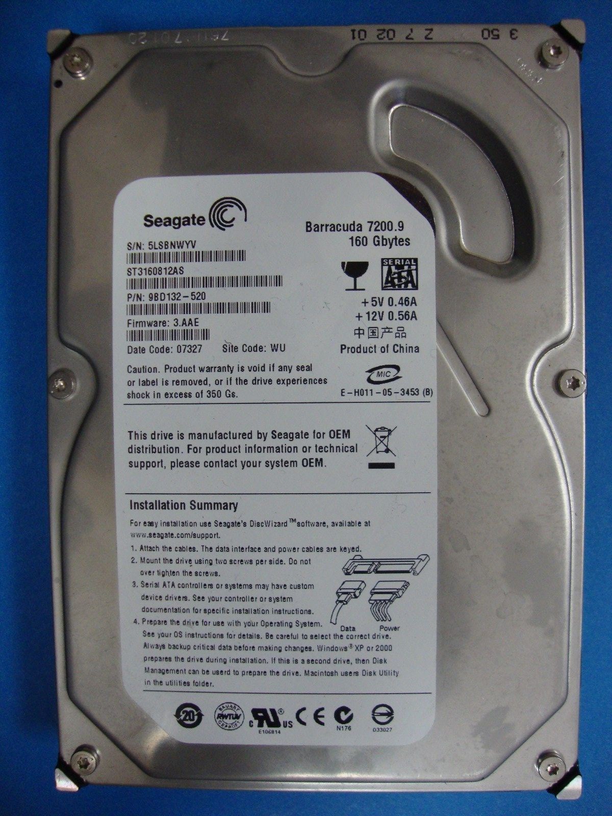 Seagate 160GB SATA Hard Drive ST3160812AS, 5LS, WU, PN 9BD132-520, FW 3.AAE     