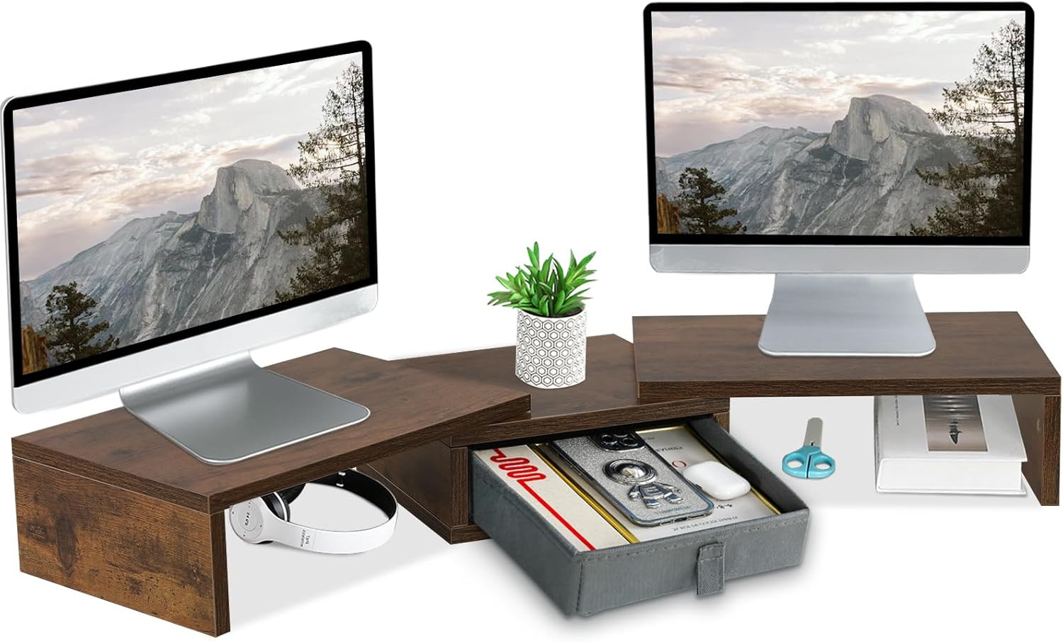 3 Shelf Monitor Stand Riser with Drawer - Length and Angle Adjustable Dual Riser