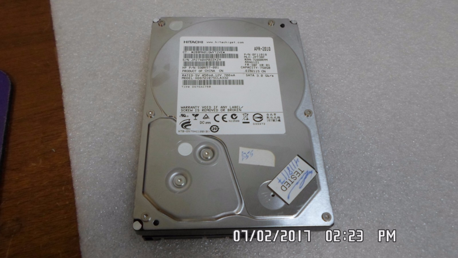 HITACHI 0F11018 JPT3BF HDS721075CLA332 590657-001 750GB SATA HDD