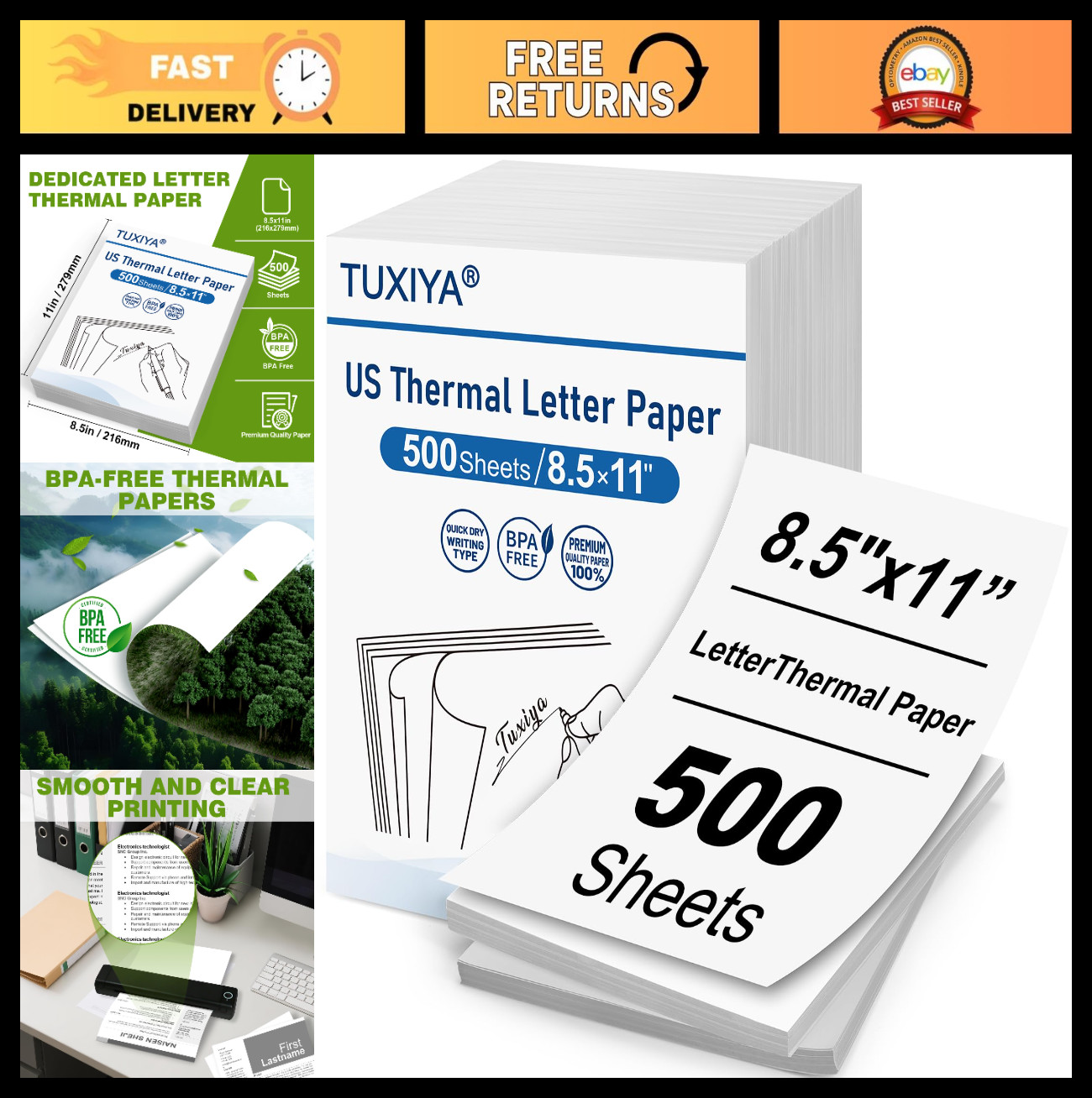 500 Sheets Thermal Printer Paper 8.5x11" BPA-Free, US Letter Size, Compatible wi
