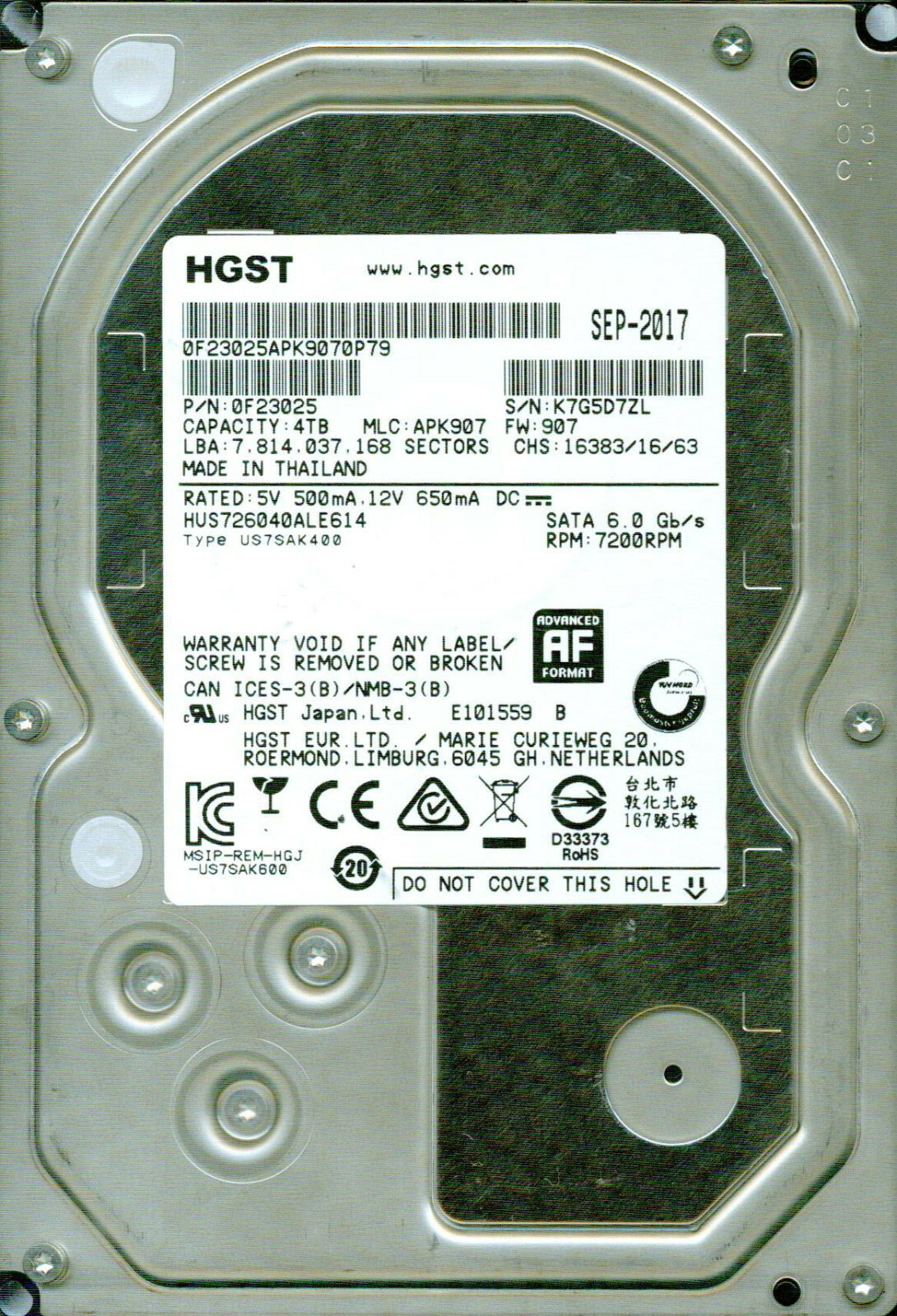 HUS726040ALE614   P/N: 0F23025 MLC: APK907  HITACHI SATA  4TB  SEP 2017