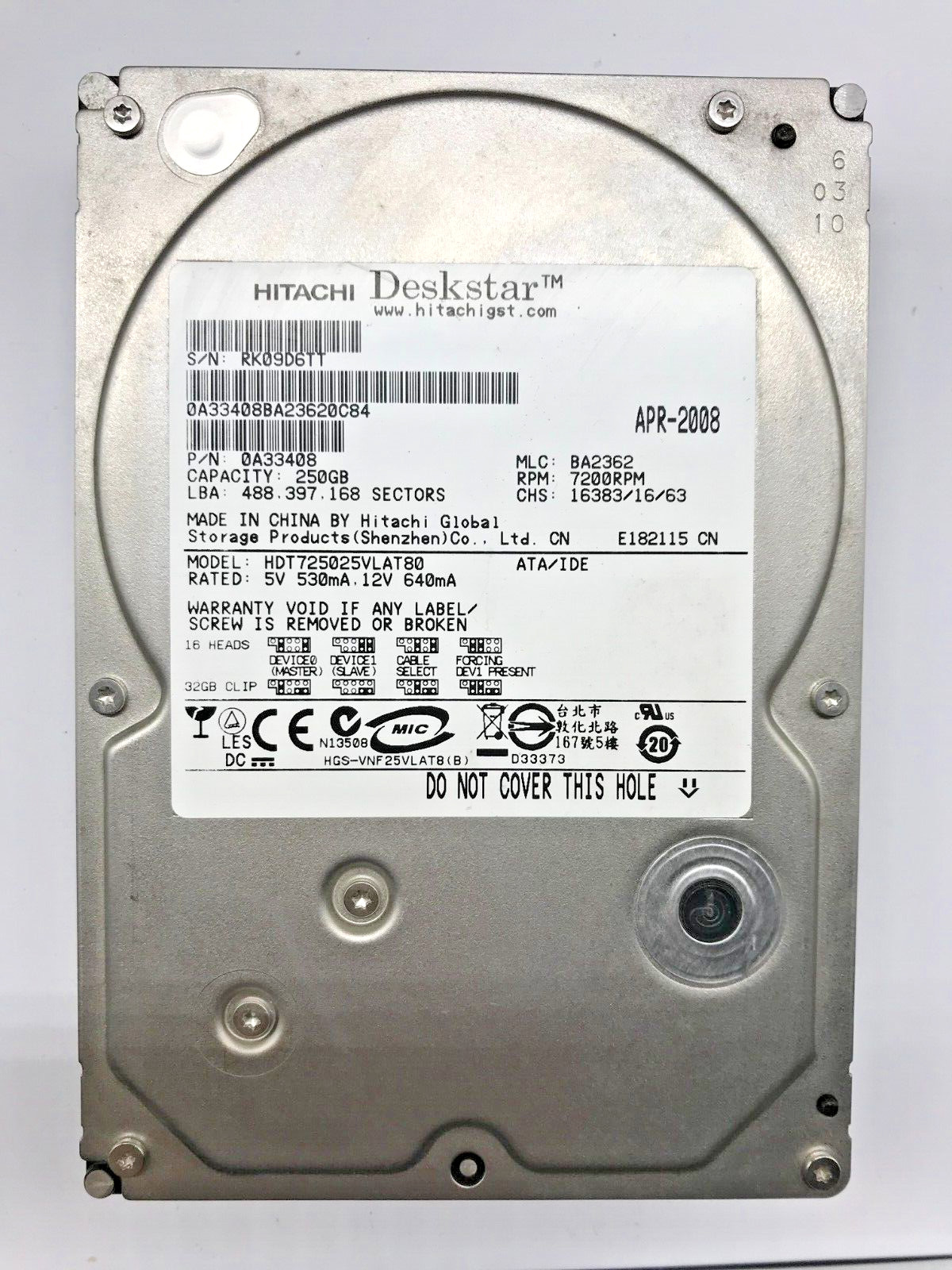 250GB IDE HARD DRIVE HITACHI DESKSTAR HDT725025VLAT80 7200RPM 3.5" #FP3939