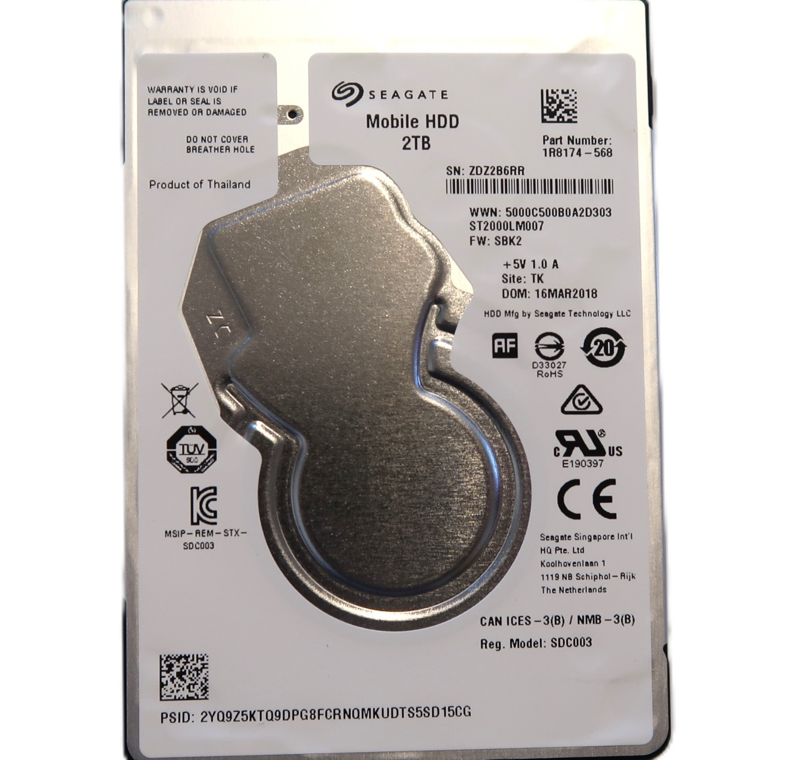 Seagate ST2000LM007 1R8174-568 SBK2 (ZDZ2) TK Thailand 2.5" 2TB Sata HDD 03/2018