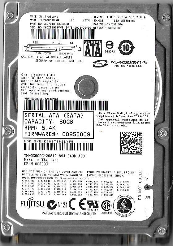 Fujitsu MHZ2080BH G2 80GB Sata Hard Drive P/N: CA07018-B30200DL F/W: 00850009