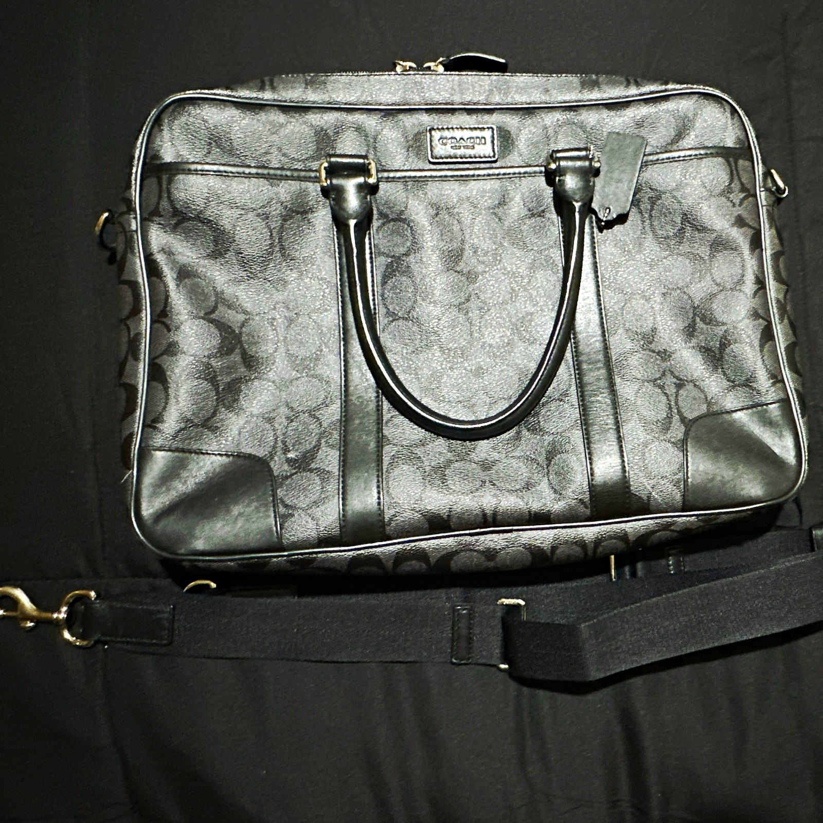 Coach Signature Logo Leather Briefcase Black/Gray 15in Laptop Adjustable Strap