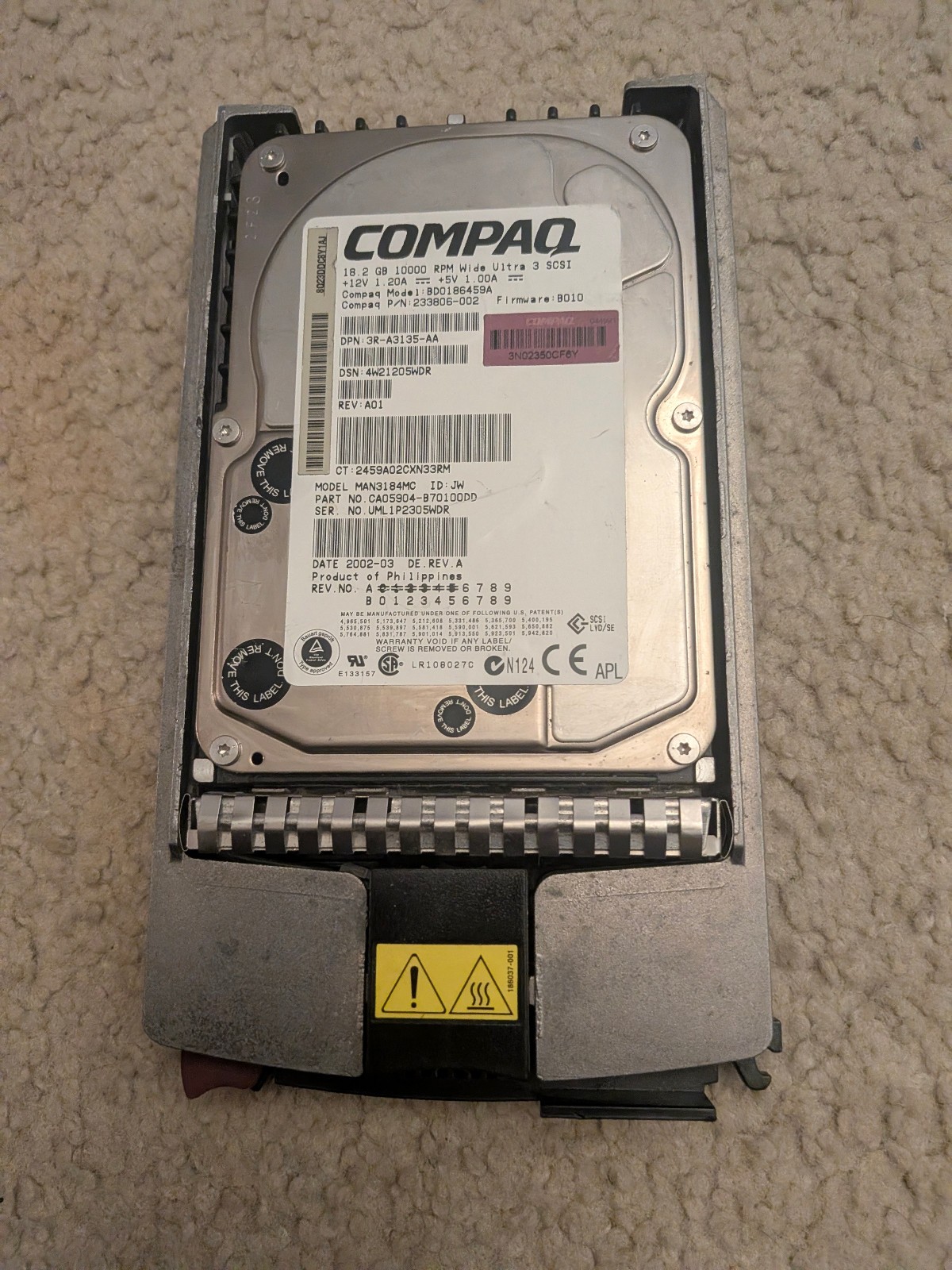 Compaq 18.2GB SCSI - 3R-A0927-AA BD0186459A 10K 3.5'' MAN3184MC
