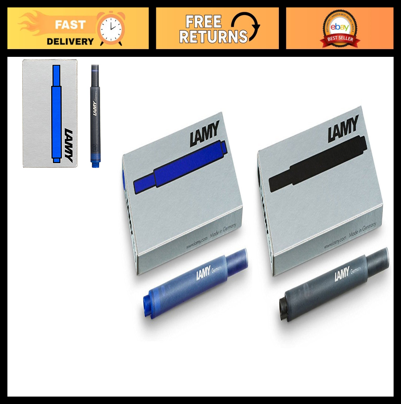Ink Cartridges for Fountain Pens - 1 Black & 1 Blue Pack, High-Quality Ink
