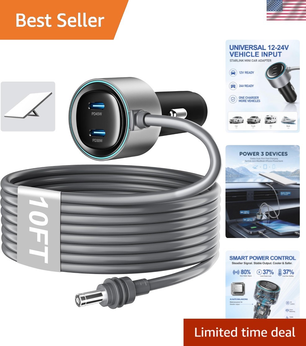 Mini Car Adapter, Dual USB-C PD 45W+30W, 12V-24V DC, 10FT Cable