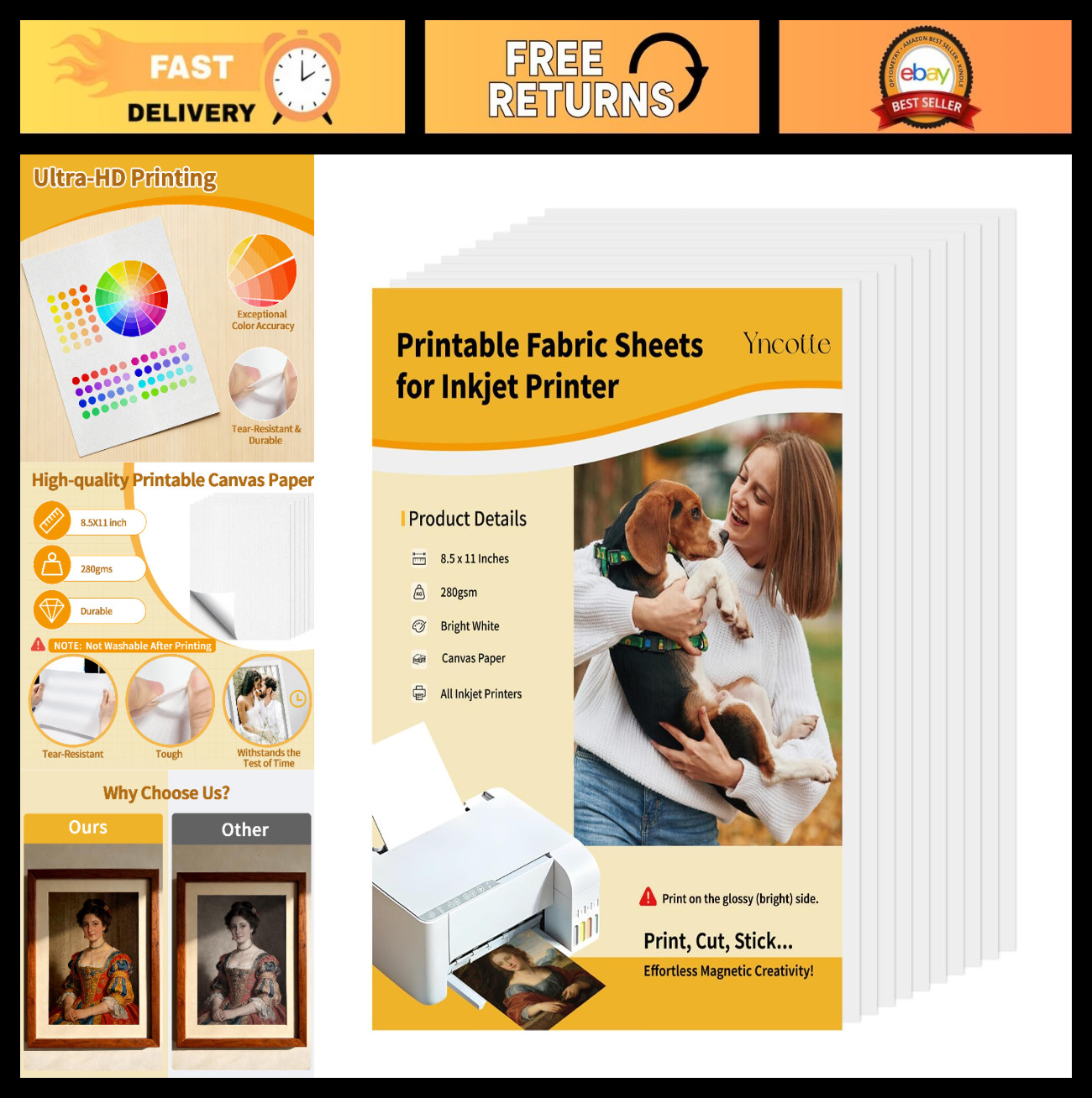 10 Pcs Printable Fabric Sheets 8.5x11" Bright White 280gsm for Inkjet Printers,
