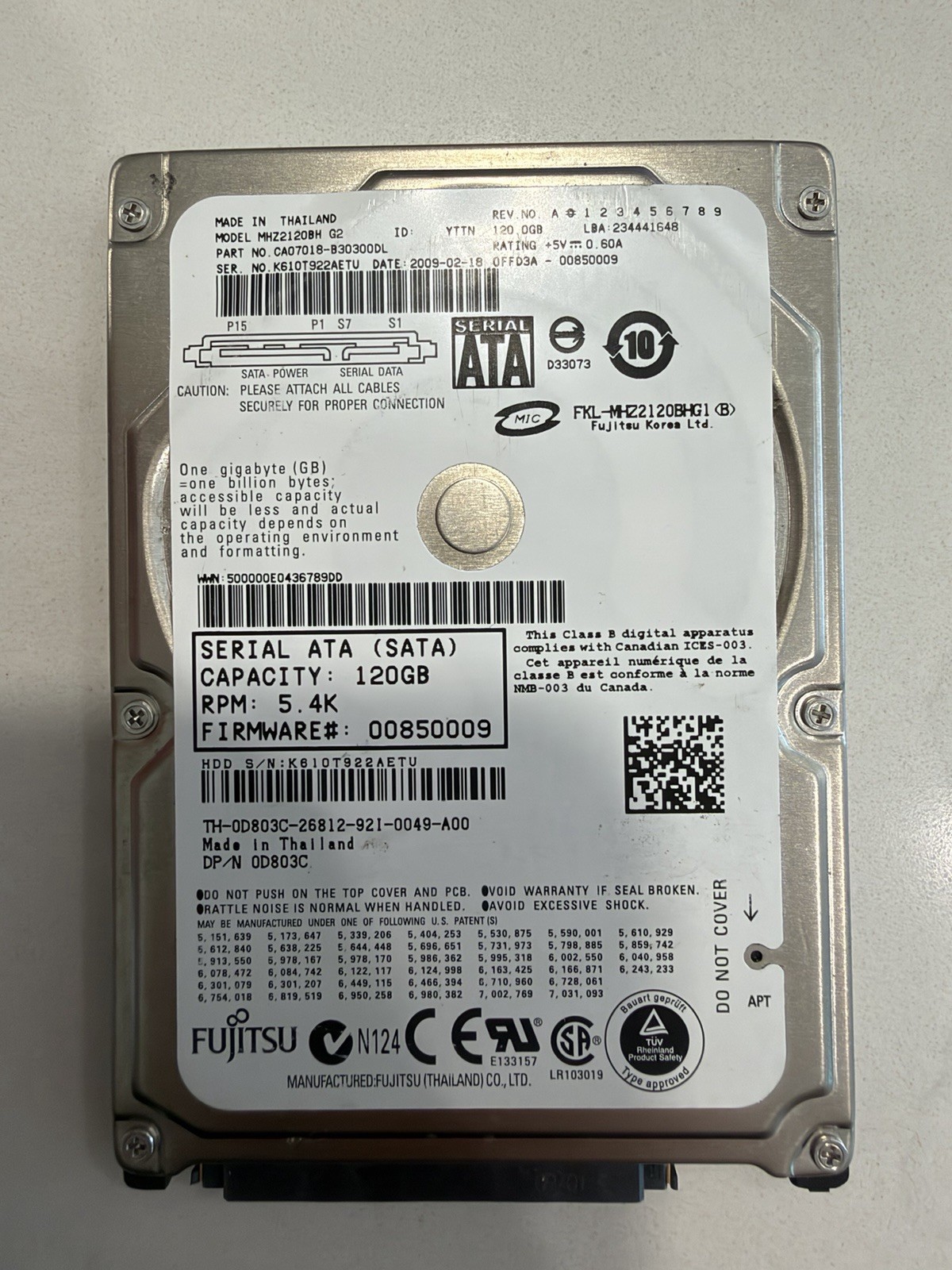 MHZ2120BH FUJITSU HARD DRIVE 120GB 5400RPM SERIAL ATA SATA