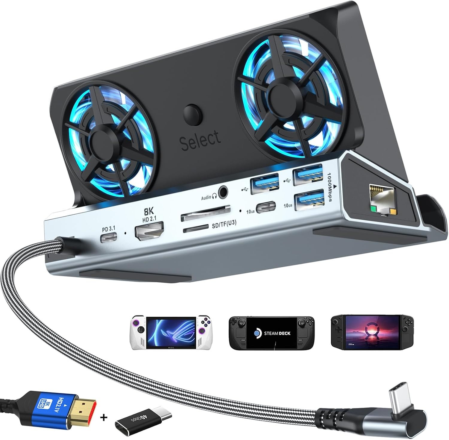 Steam Deck/ROG Ally/Legion Go/Switch 2 Dock with 5cm Fans (8K-12-in-1) | Comes w