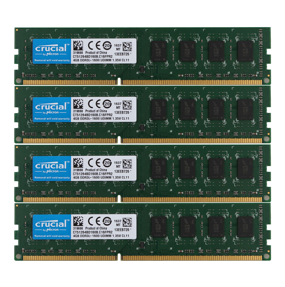 Crucial 4x 4GB PC3L 12800U DDR3 1600MHz RAM DIMM For Desktop Memory Low Density