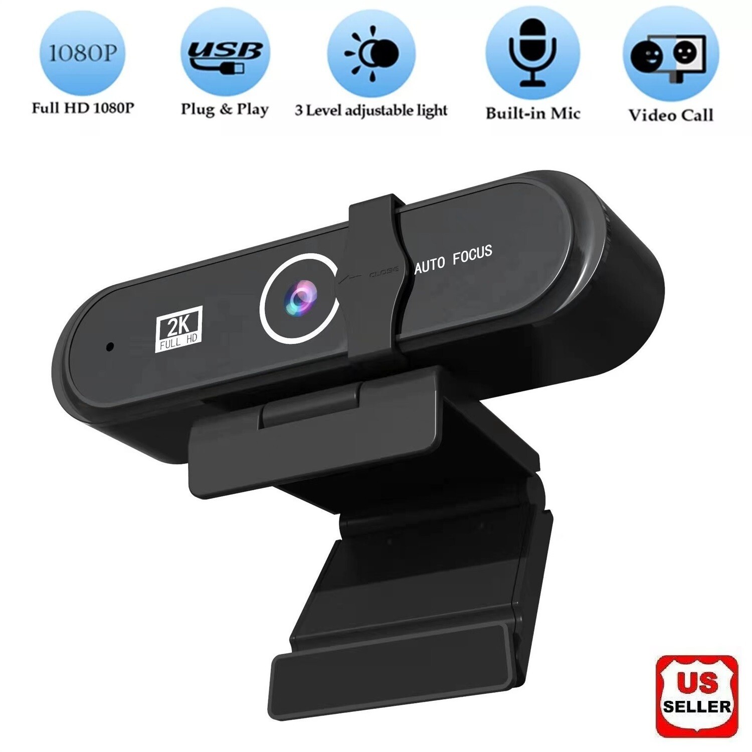 2K HD Web Camera with Microphone Ring Light Autofocus Pro Computer Gaming Webcam