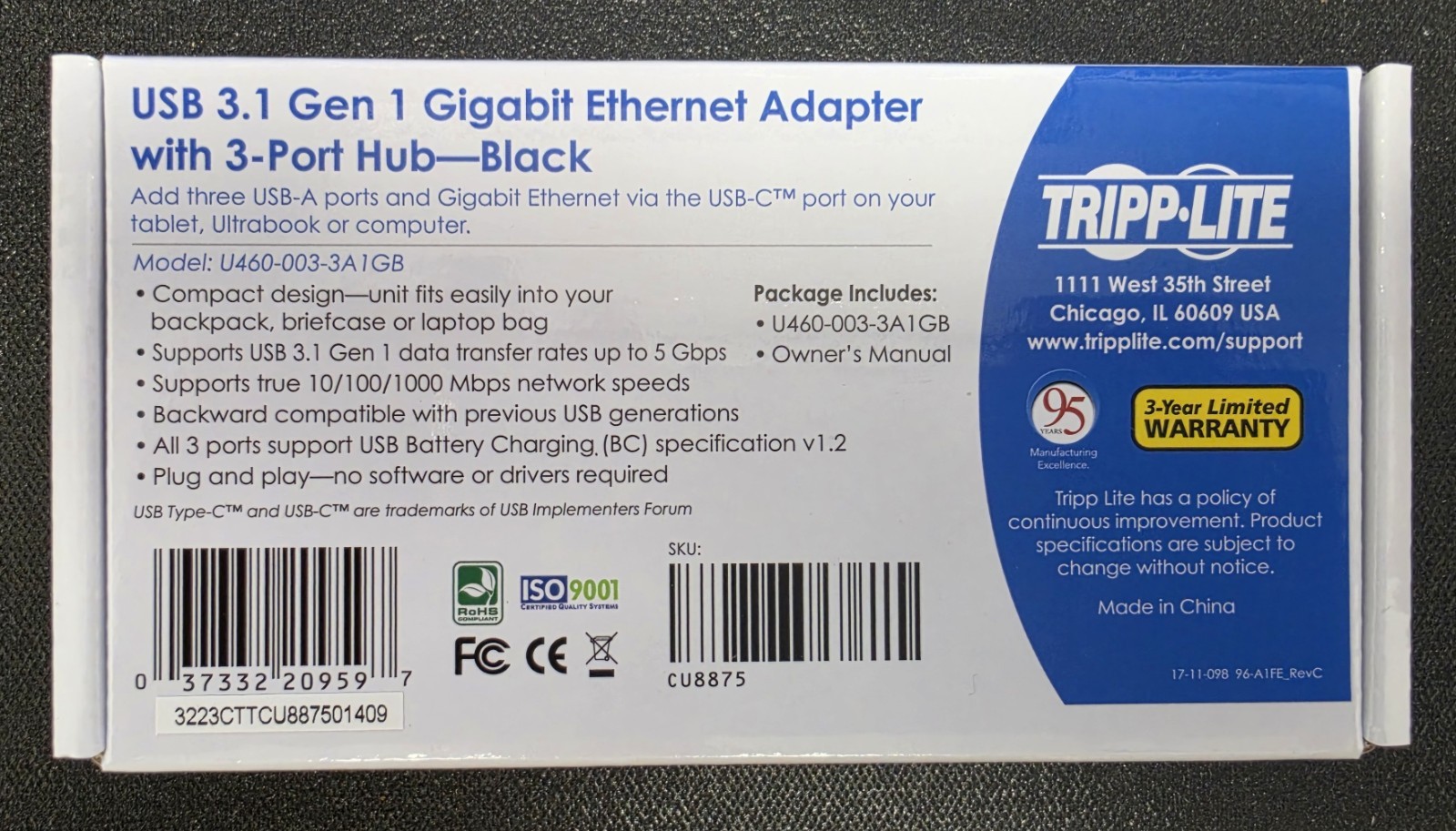 Lot of 10 Tripp-Lite USB 3.1 Gen 1 Gigabit Ethernet Adapter with 3 Port Hub Blk