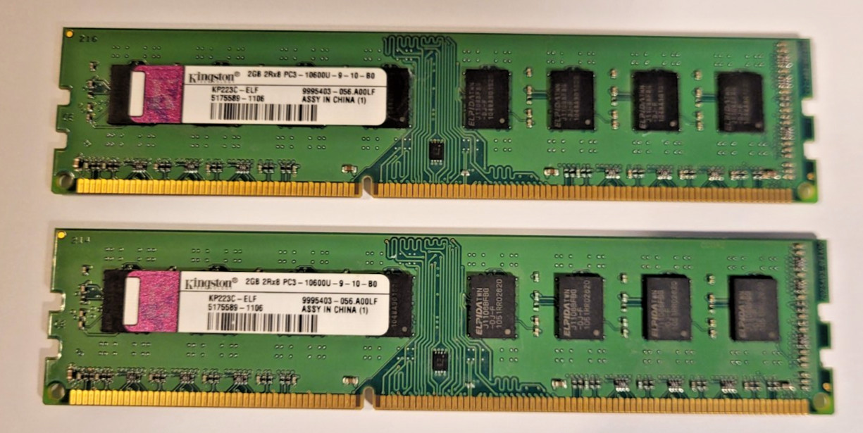 Two Kingston 2GB DDR3 Desktop RAM PC3-10600U 1333MHz 2Rx8 KP223C-ELF
