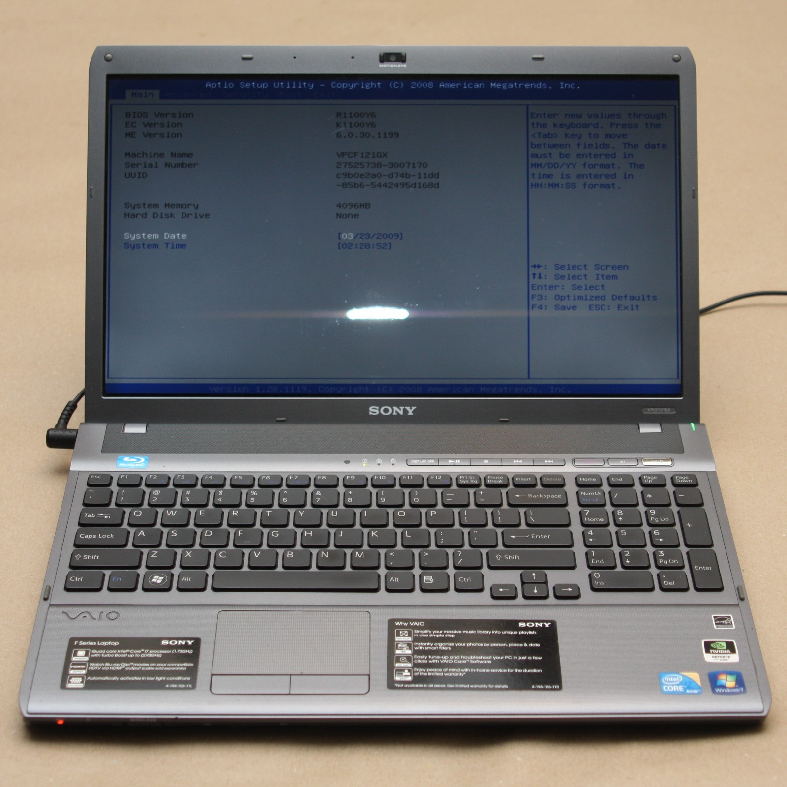 Sony VAIO VPCF121GX i7-740QM GeForce 310M 4GB RAM NO SSD/HDD/OS