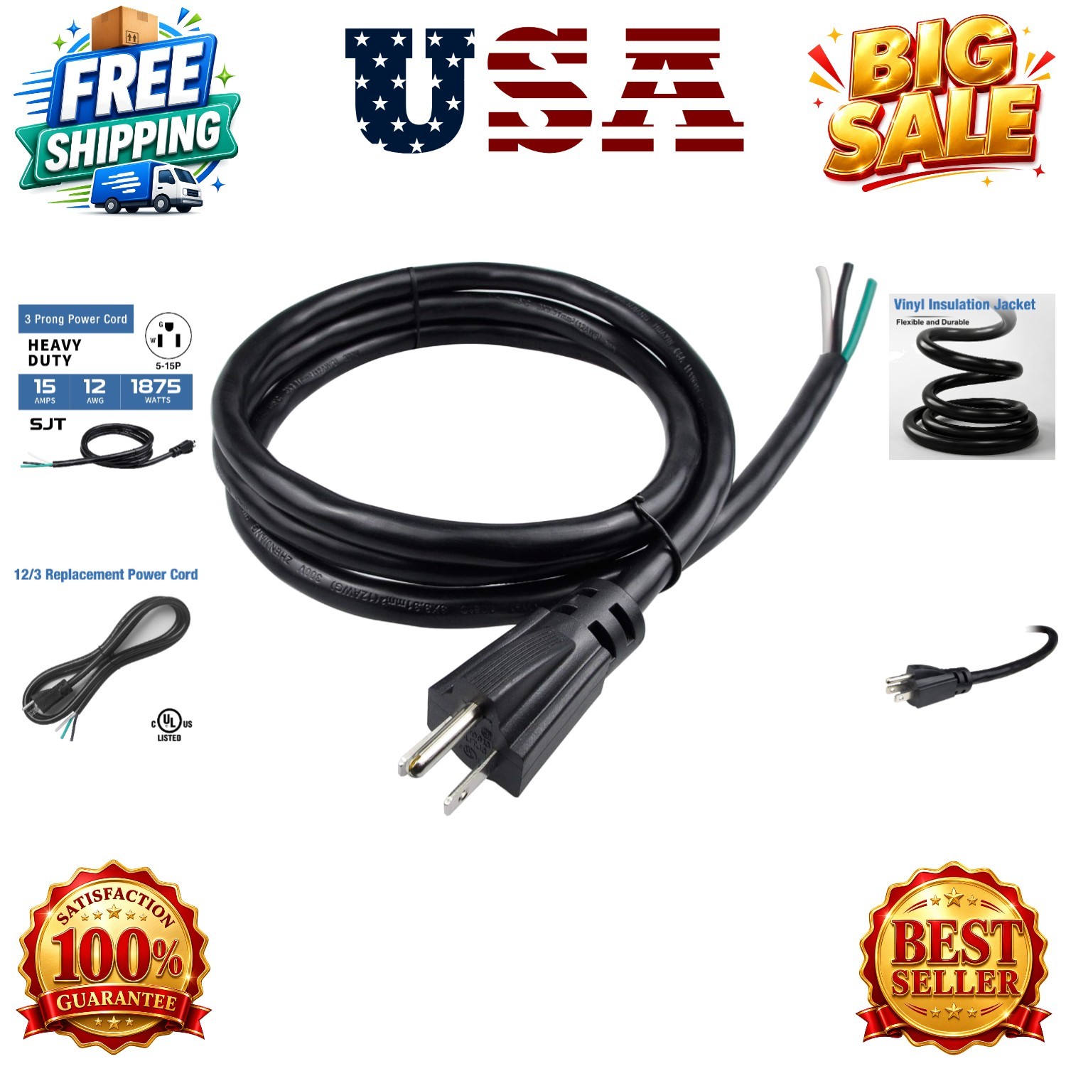 3ft 12 Gauge 3 Prong Power Supply Cord, 110V 115V 120V Pigtail Cable, Heavy D...
